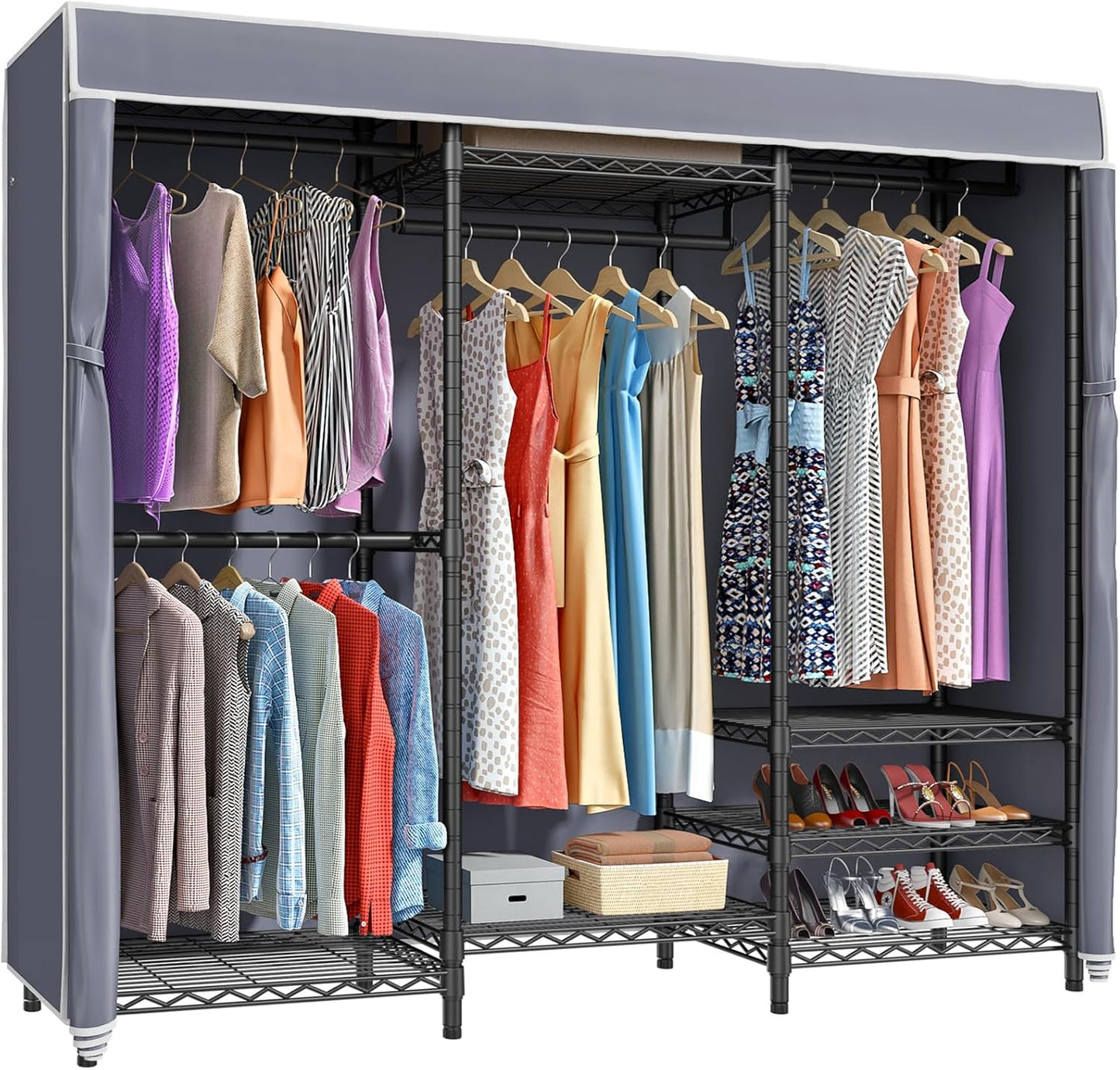 VIPEK V5C Portable Clothes Closet Wardrobe Bedroom Armoires Heavy Duty Covered Clothes Rack, Black Metal Clothing Rack with Grey Oxford Fabric Cover, Adjustable Custom Closet Rack 70.1"Lx17.3"Wx76.4"H