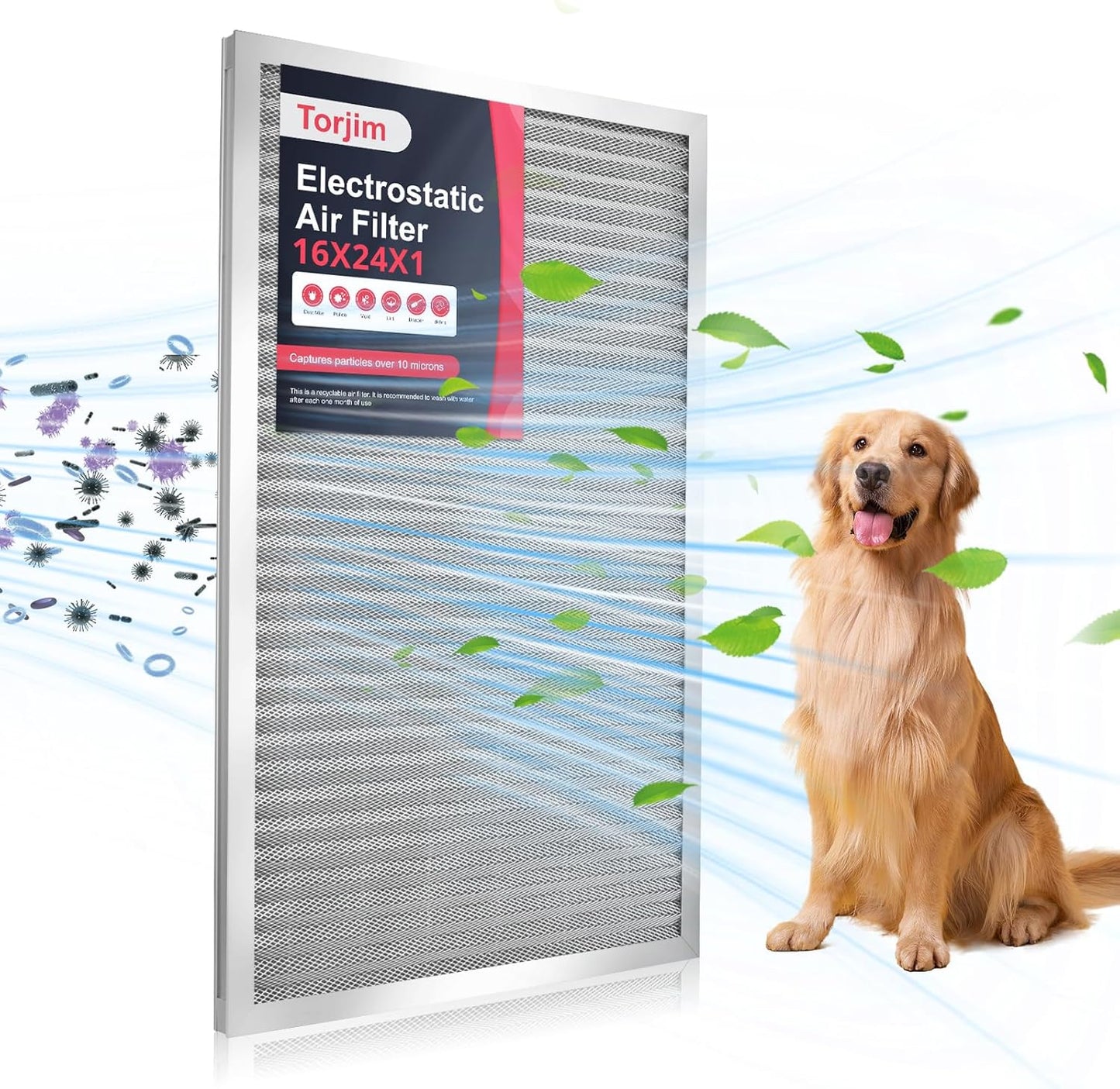 Torjim 16x24x1 MERV8 Air Filter, Washable & Reusable Electrostatic Filter, AC/HVAC Furnace Filter, Permanent Filter, Breathe Fresher, Easy Install