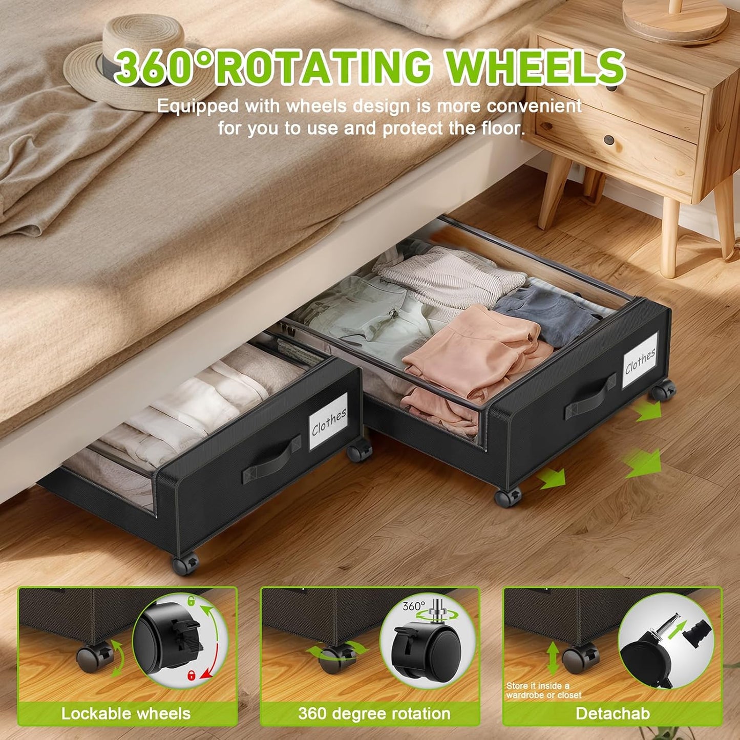 Under Bed Storage with Wheels, 2-Pack Under the Bed Storage Containers with Clear Lids & Label, Underbed Storage Bins, XXL 60L Rolling Metal Drawer for Clothes, Shoes, Toys, Books - Black