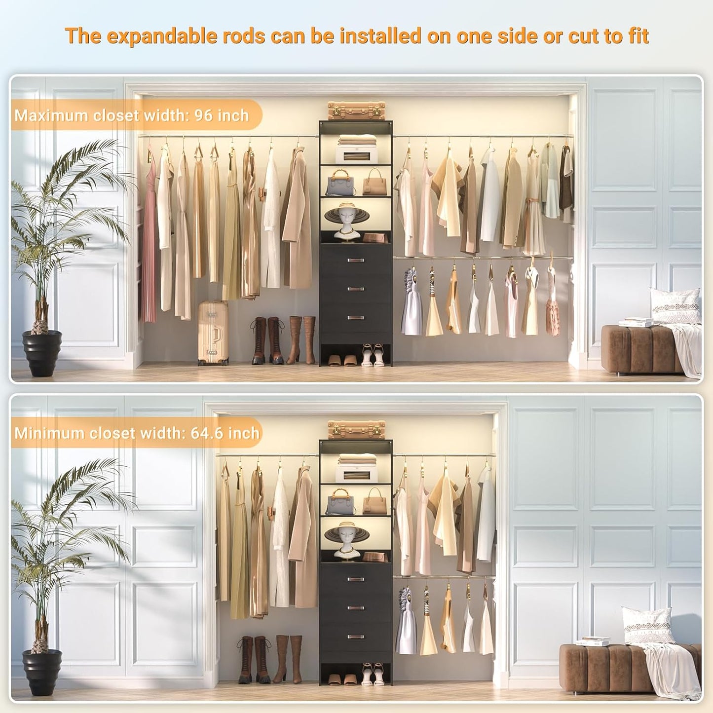 96'' Closet Organizer System with 3 Hanging Rods (Without 3 Storage Shelves), 8FT Closet Systems, Wall Mount Bedroom Wardrobe with 3 Wood Drawers, Adjustable Garment Rack from 5 to 8FT, Black