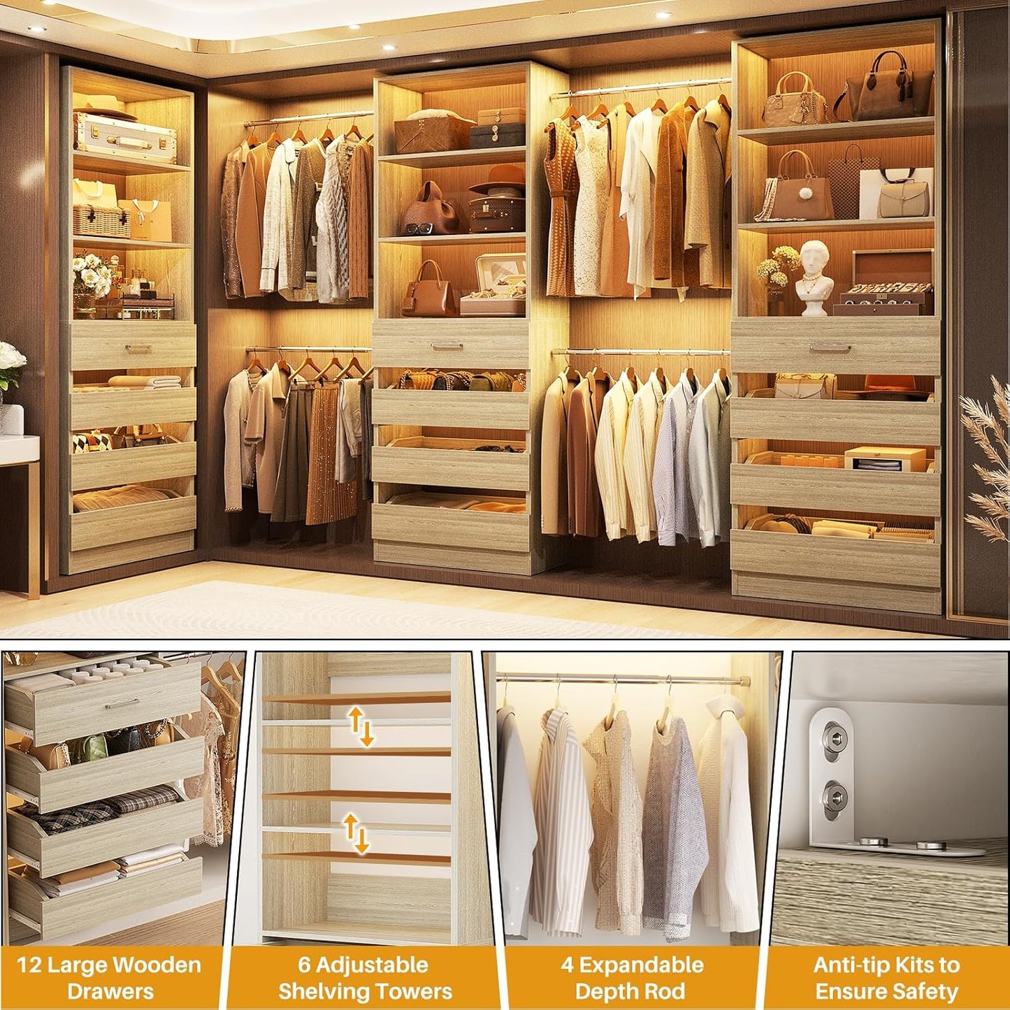 Aheaplus Closet System with 12 Drawers, 8.5-11.5Ft Wood Closet Organizer System with 4 Hanging Rods & 3 Towers, 4Ft & 6Ft L-Shaped Walk-in Closets Wardrobe Organizer Clothes Rack, Set of 3, White Oak