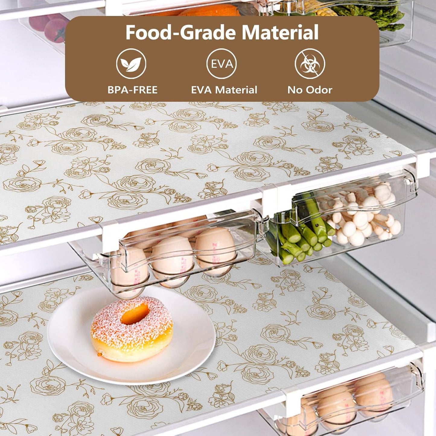 Shelf Cabinet Liner for Kitchen- Non Adhesive 17.5In x 20FT Drawer Liner Refrigerator Liner, Premium Waterproof Shelf Paper Protect Surface, Non Slip Easy to Clean Durable EVA Material, Gold Roses