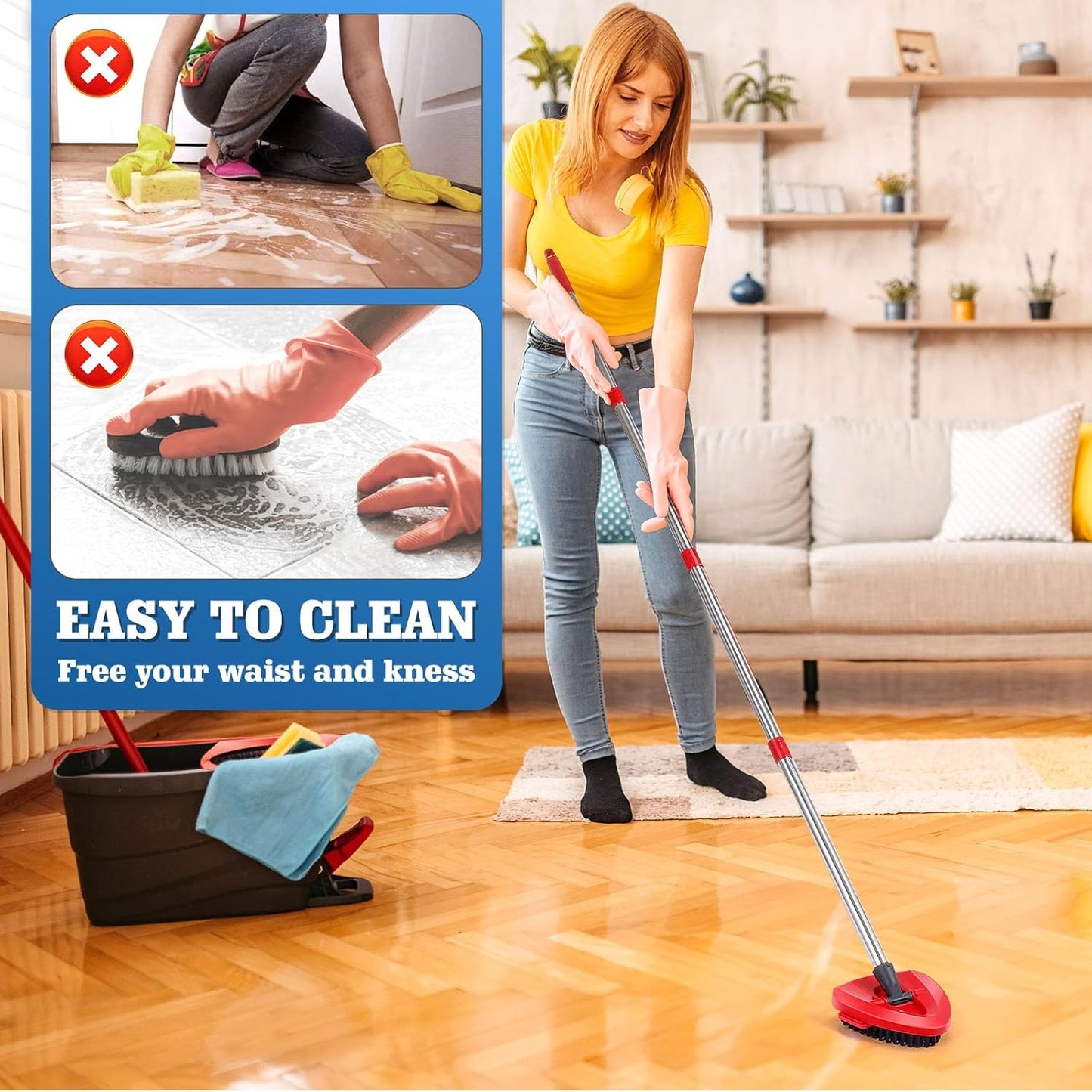 2 Pcs Spin Mop Replacements Scrub Brush and 1 Mop Base with 6 Pcs Scouring Pad Compatible with Cedar EasyWring 1 Tank System，Including 6Pcs Scouring Pad + 12Pcs Heavy Duty Scrub Sponge