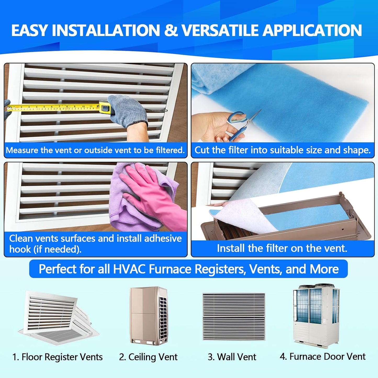 18" x 90" Air Vent Filters, Cut to Fit Air Filter (55+ Filters), MERV 8 Triple Vent Filter for Home Floor, Ceiling, RV, HVAC Furnace Vents, With Adhesive Hook Tape and Installation Tape