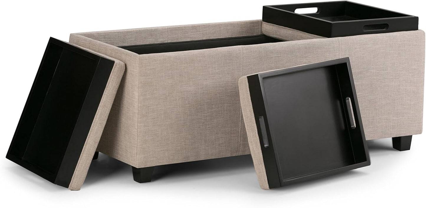 SIMPLIHOME Avalon 42 inch Wide Contemporary Rectangle Storage Ottoman in Natural Linen Look Fabric, Assembled, for the Living Room, Entryway and Family Room