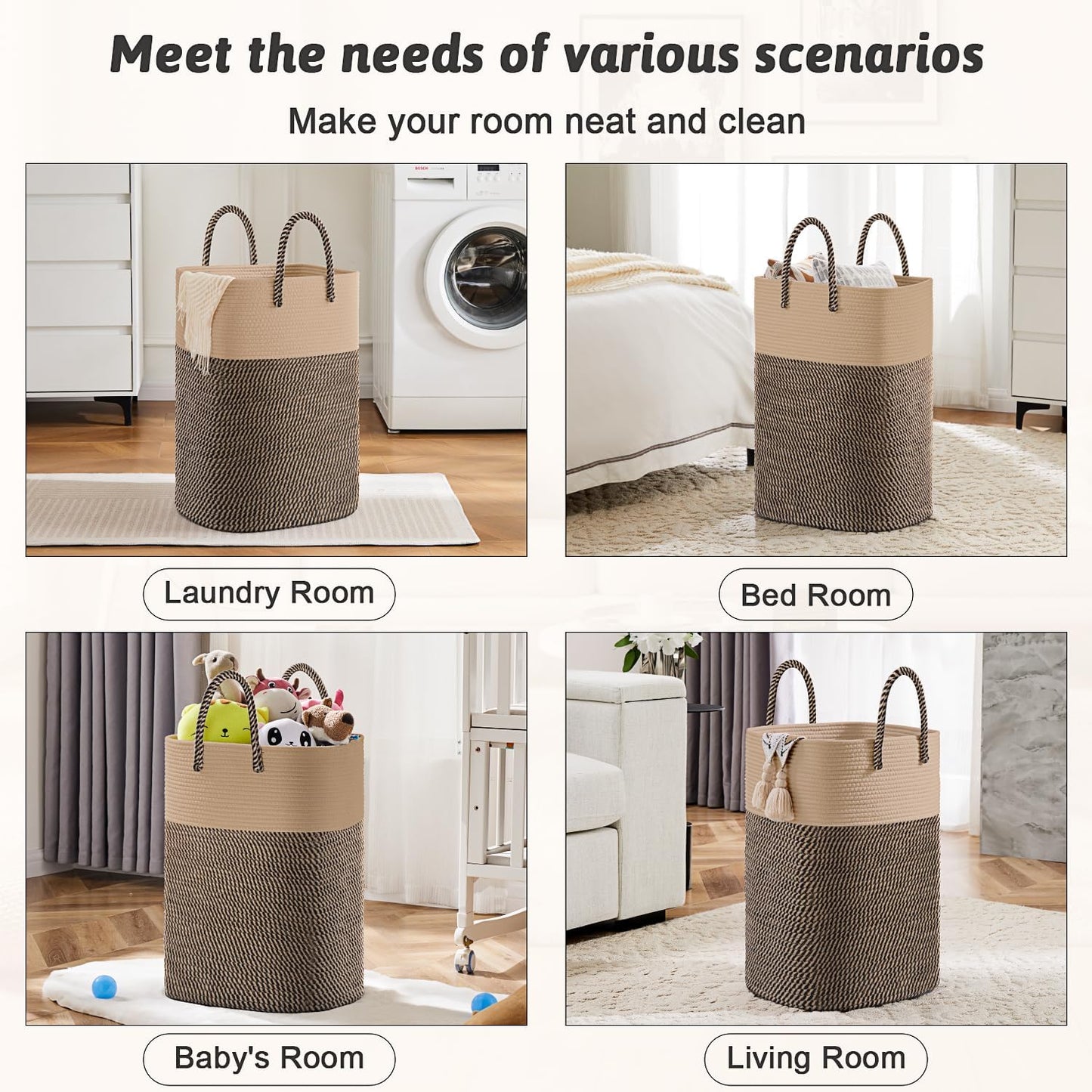 Laundry Basket,Woven Cotton Rope Laundry Hamper,Versatile Storage for Dirty Clothes,Baby Toys,and Blankets in Bathroom, Nursery,and Living Room (Jute, 60L)