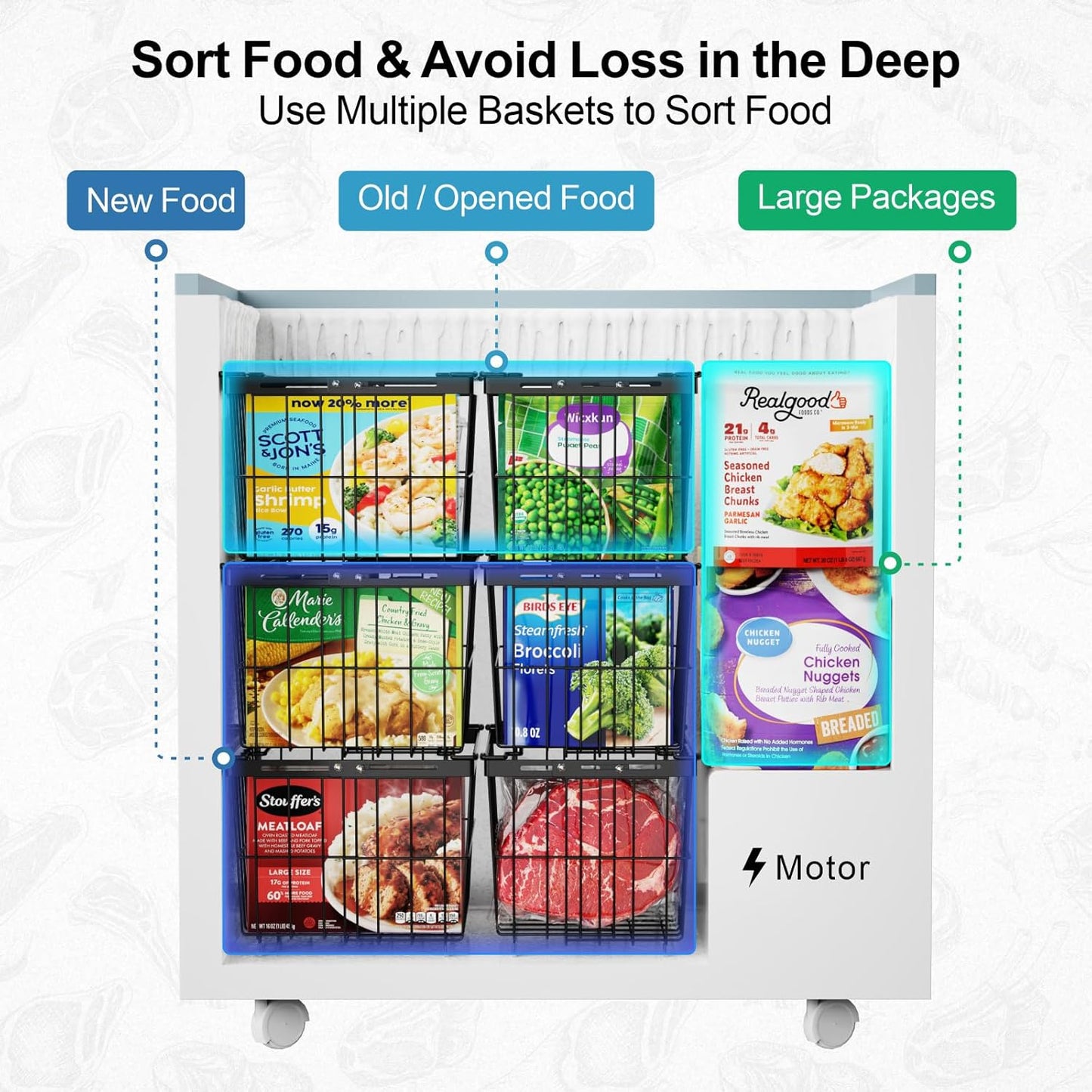 iSPECLE Freezer Organizer Bins - 5 Pack Adjustable & Extra Large Deep Freezer Organizer Bins for 5 to 9 Cu.Ft Chest Freezer, Easy Organize Basket Store More, Stackable No Wasted Space, Black