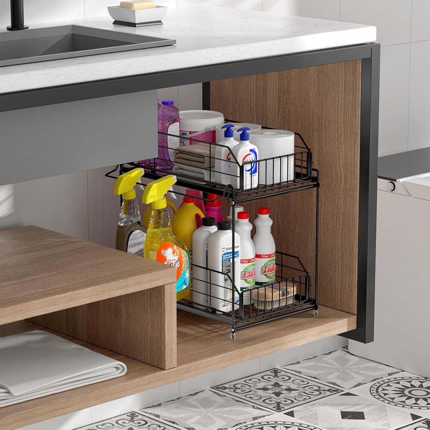 SUEH DESIGN Under Sink Organizer, 2 Tier Bathroom Cabinet Organizer Metal Kitchen Sink Organzier with Hanging Rail for Kitchen Bathroom Organization and Storage, 1 Pack