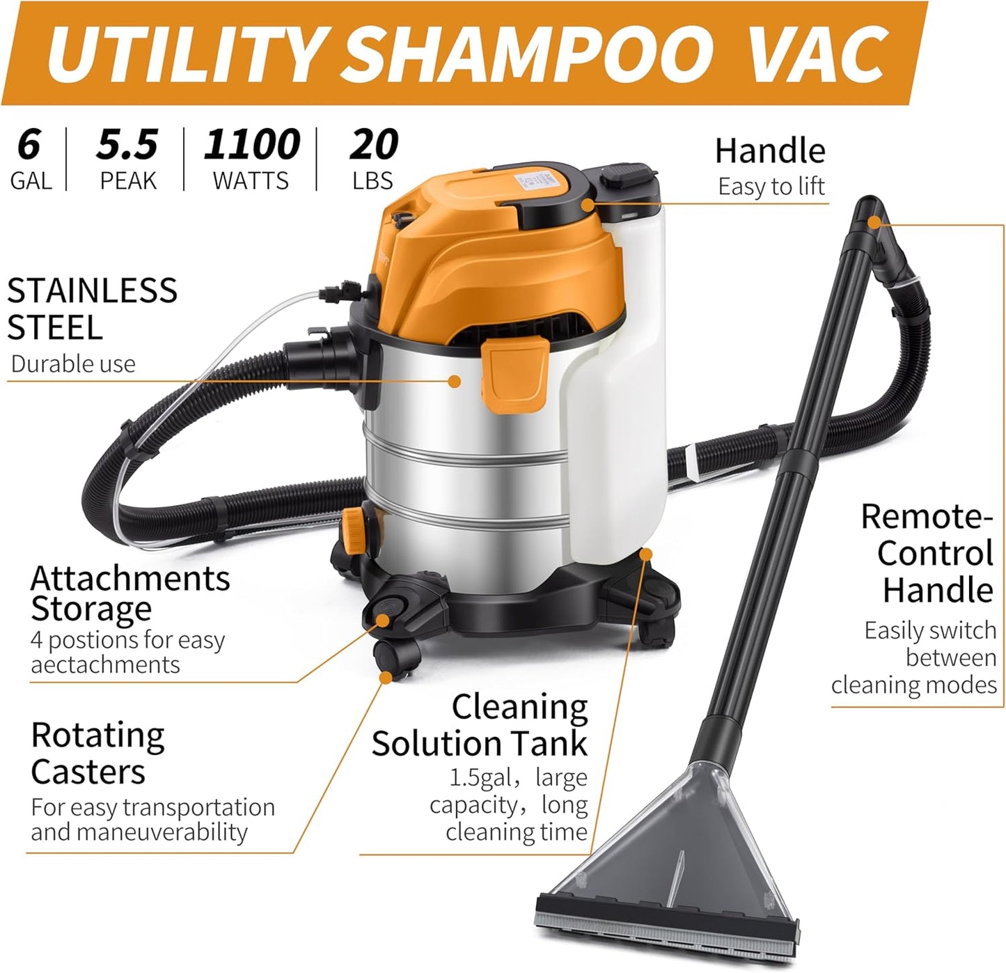 [EFN Clearance] Shop Vacuum Wet and Dry, 6 Gallon 5.5 Peak HP, 3 in 1 Wet/Dry/Upholstery Shop Vac Carpet Extractor for Car Detailing, Stainless Steel Wet Dry Vacuum Cleaner for Carpet (Yellow)