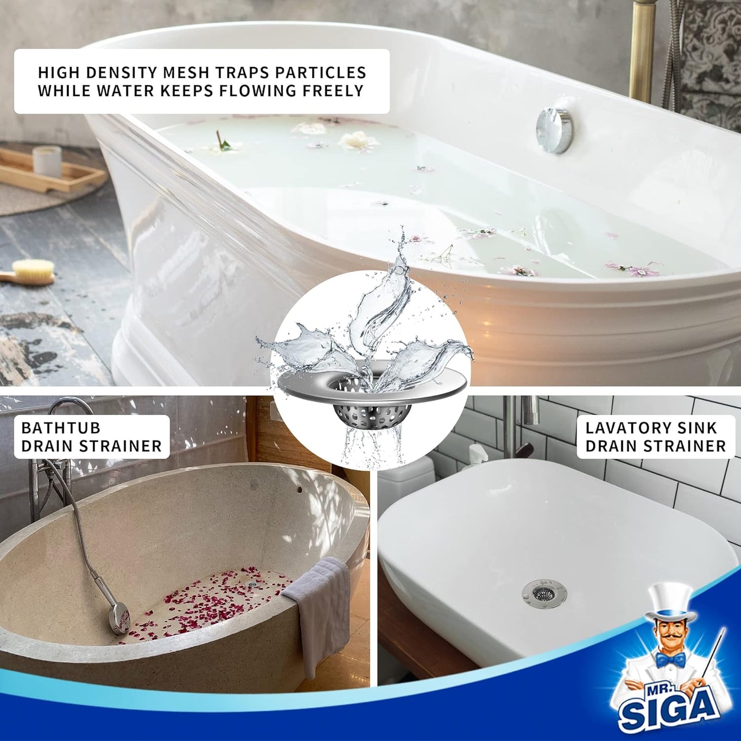 MR.SIGA Bathroom Sink Strainer, Utility, Slop, Bathtub Lavatory Sink Drain Strainer Hair Catcher, Stainless Steel Shower Drain Strainer, Outer Diameter 2.1 inch, Inner Diameter 1 inch, 3 Pack