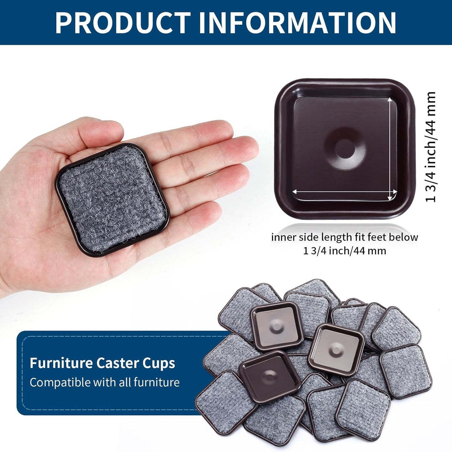 Ezprotekt 1 3/4" Square Reusable Felt Furniture Caster Cups with Carpet Bottom, 16 Pcs Felt Furniture Sliders Floor Protectors Pads to Protect Hardwood, Tile Floors Carpet from Scratches (Brown/Gray)