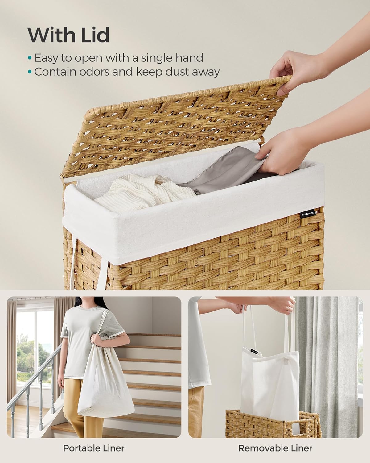 SONGMICS Slim Laundry Hamper with Lid, 14.5 Gallon (55L) Rattan Clothes Laundry Basket with Lid and Handles, Foldable, Removable Liner, Goose Yellow ULCB164N01