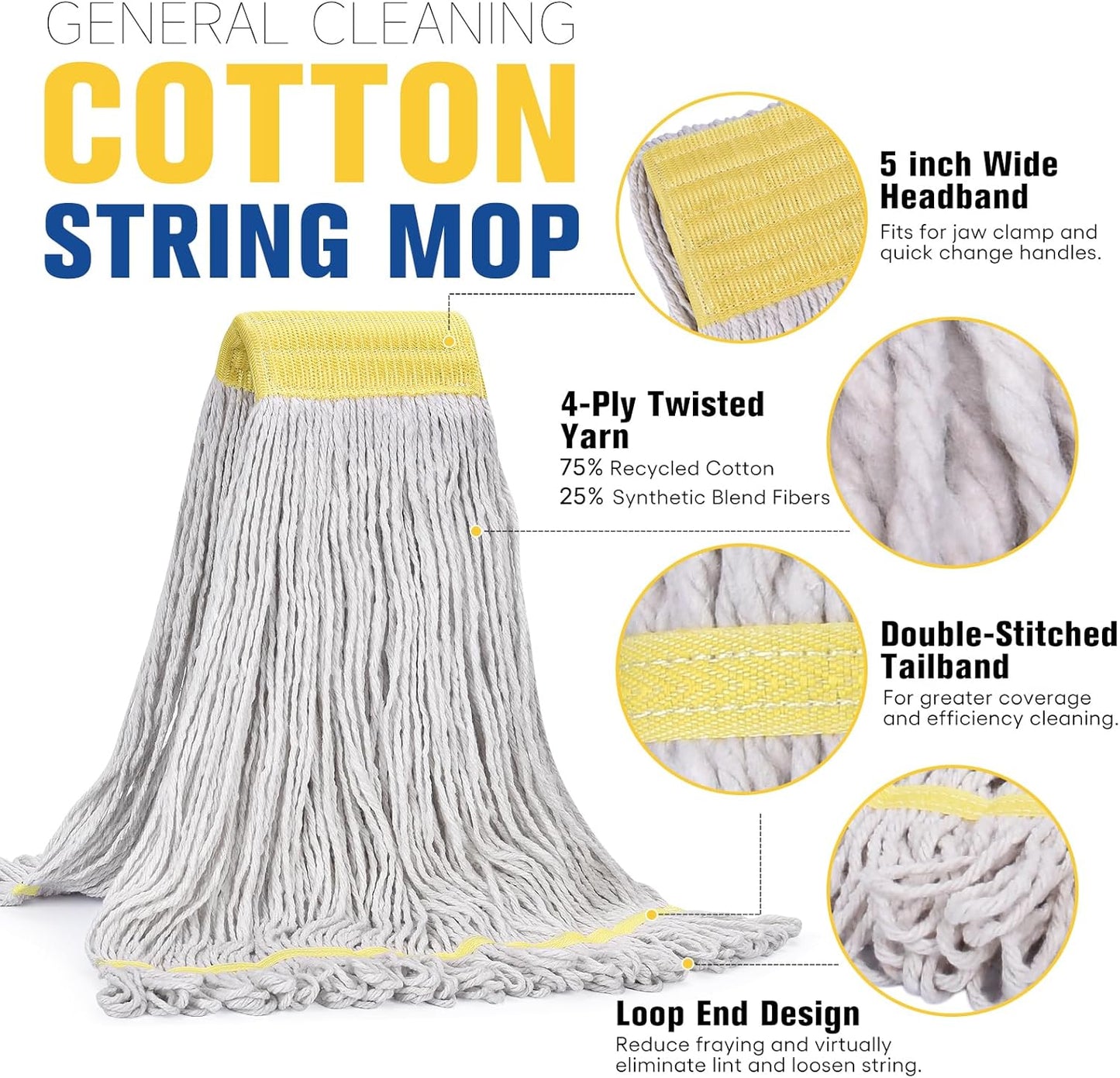 Matthew Cleaning Commercial Mop Head Replacement, 5 Inch Wide Headband, Looped End Cotton Blend String Wet Mops for Floor Cleaning, 24 oz Large, 3-Pack White