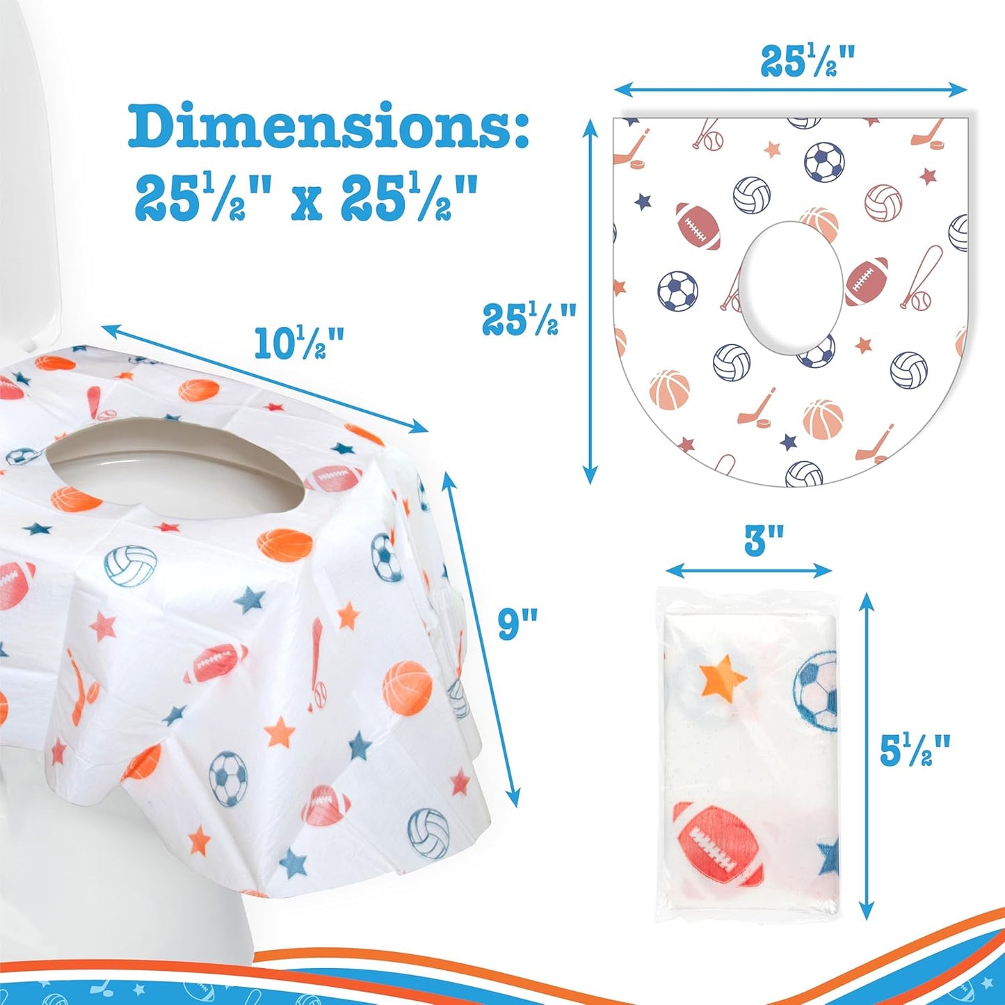 Toilet Seat Covers Disposable (6 Pack, Sports) - XL Waterproof Toilet Cover for Toddlers, Kids & Adults - Portable & Individually Wrapped for Travel, Potty Training & Public Restrooms