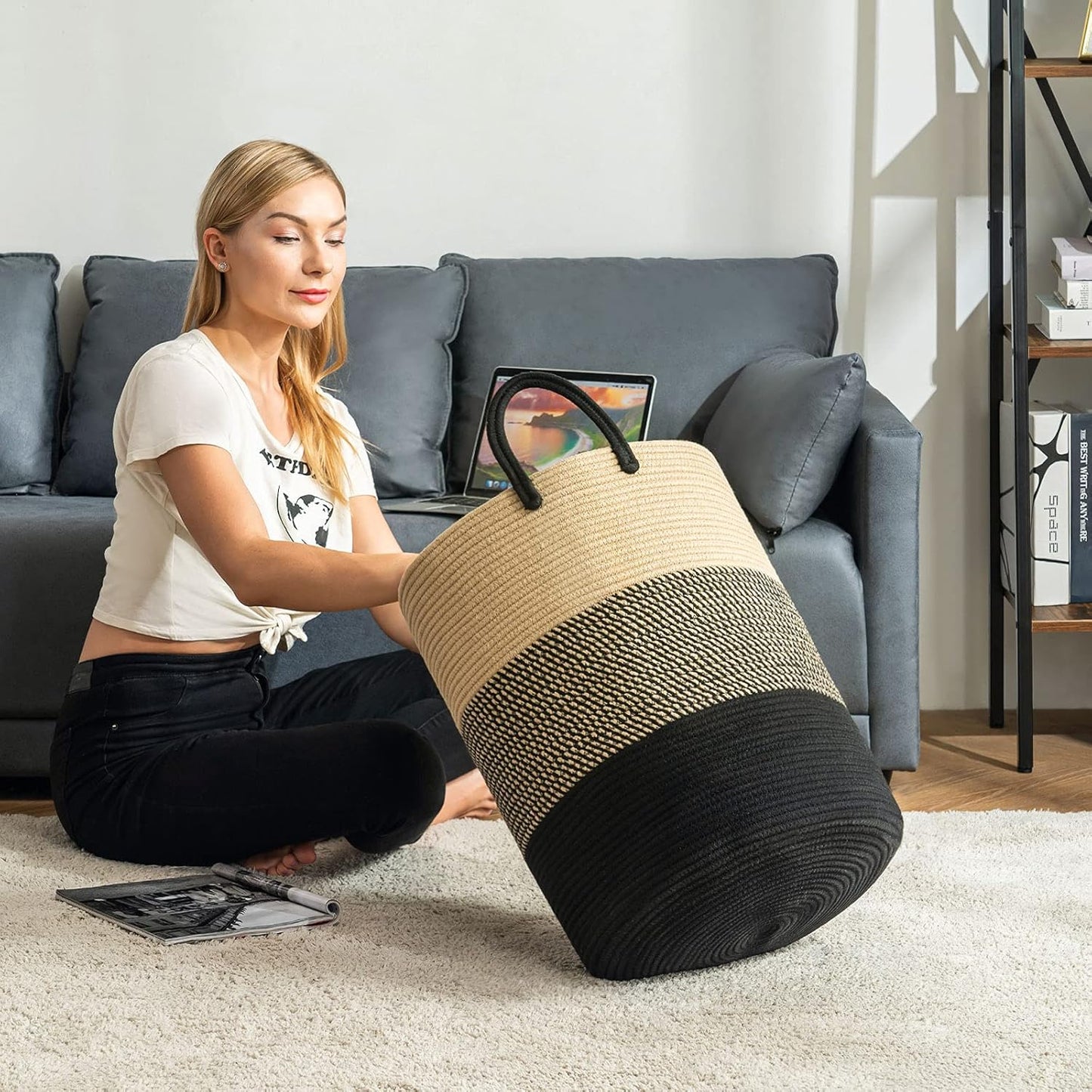 YOUDENOVA Woven Rope Laundry Hamper Basket, 72L Tall Luandry Basket, Baby Nursery Hamper for Blanket Storage, Clothes Hamper for Laundry in Bedroom-Large-Black & Brown