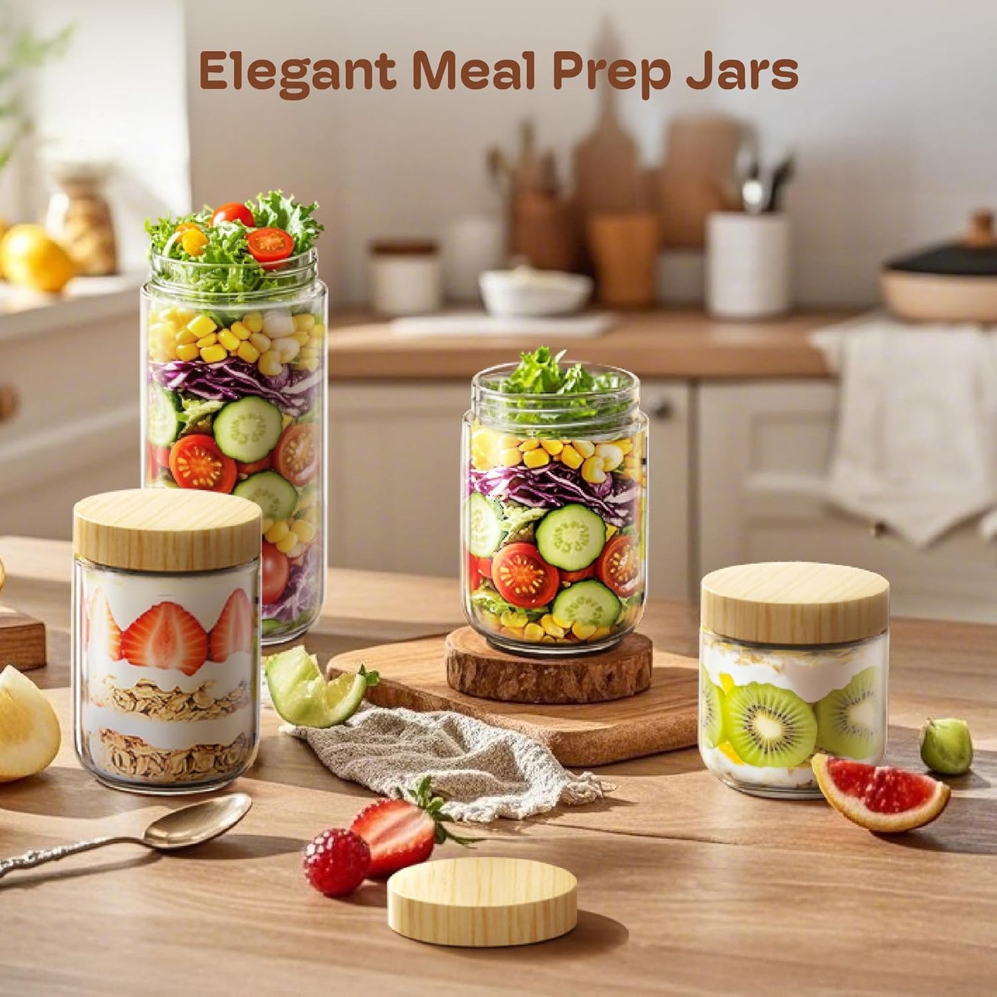 6 Pack 10oz Overnight Oats Containers with Bamboo Lids, Glass Jars with Airtight Lids for Meal Prep, Wide Mouth Mason Salad Jars, Glass Food Storage Container for Yogurt Chia Snacks Spice Sugar