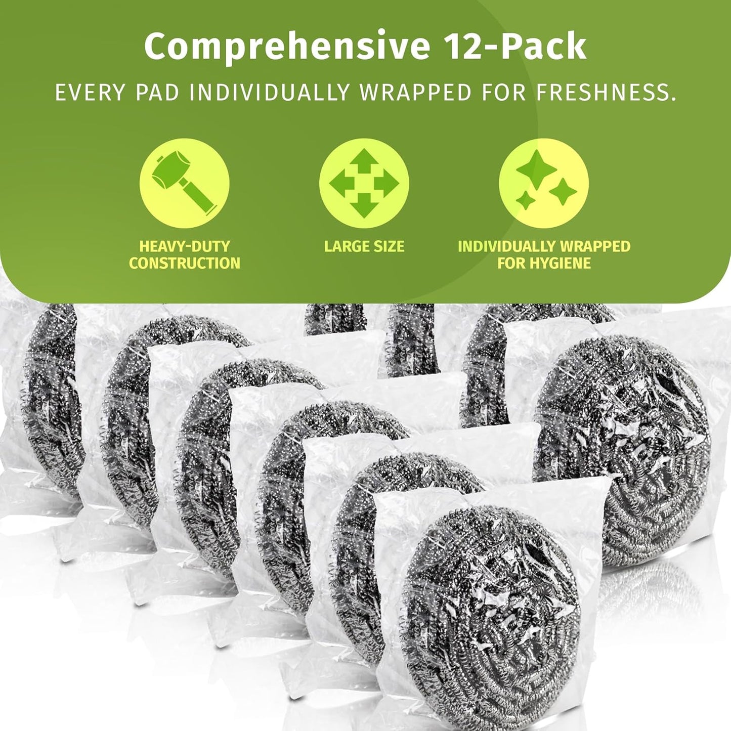 Brheez Stainless Steel Cleaner Scouring Pads [12 Pack] - Industrial & Commercial Strength Large Cleaning Supplies Dish Sponge - Individually Wrapped 50 Gram
