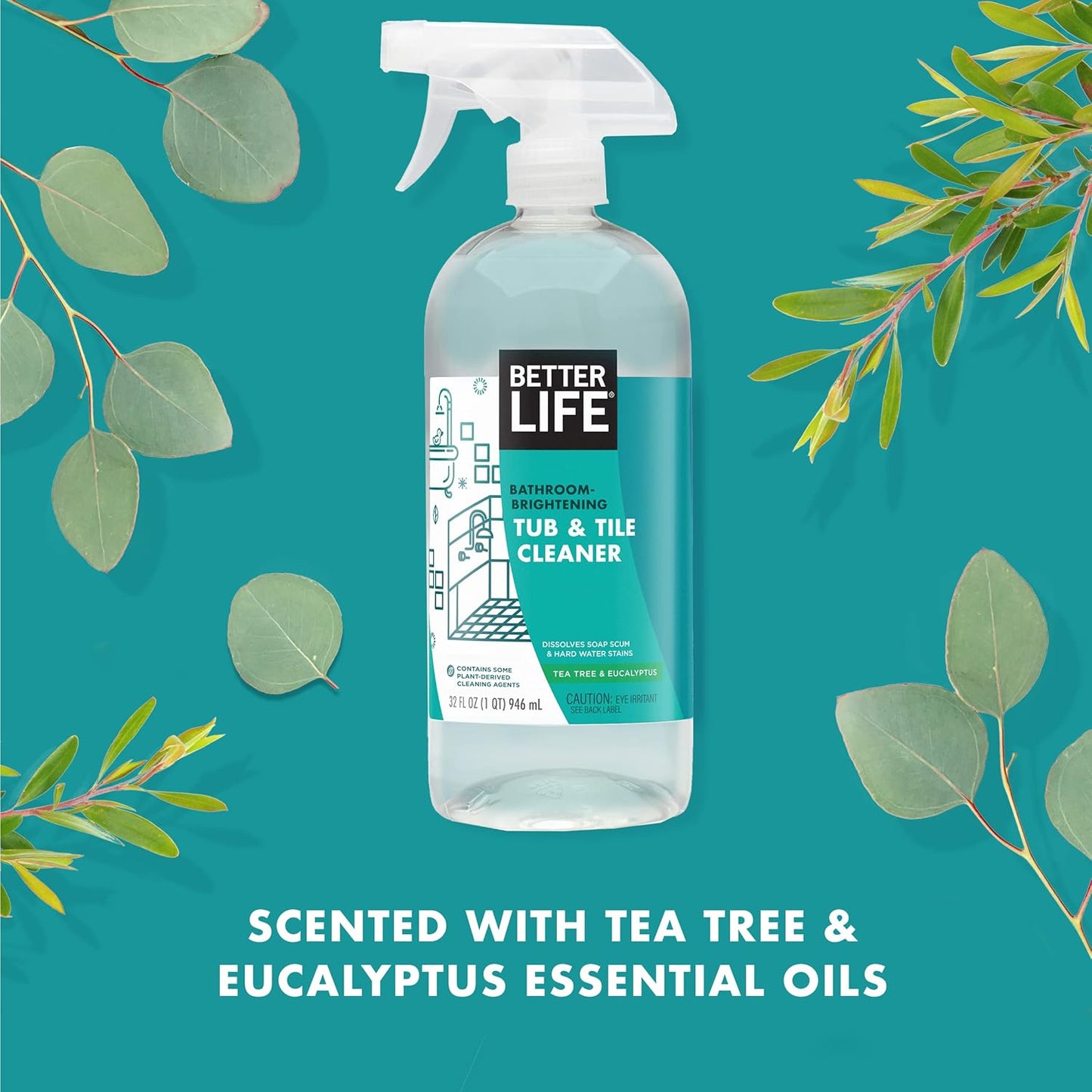 BETTER LIFE Bathroom Cleaner - Tea Tree Bathtub & Shower Cleaner Spray for Glass and Tile - Foaming Mold and Mildew Remover for Tub Works on Hard Water Stains - 1 Gal Refill