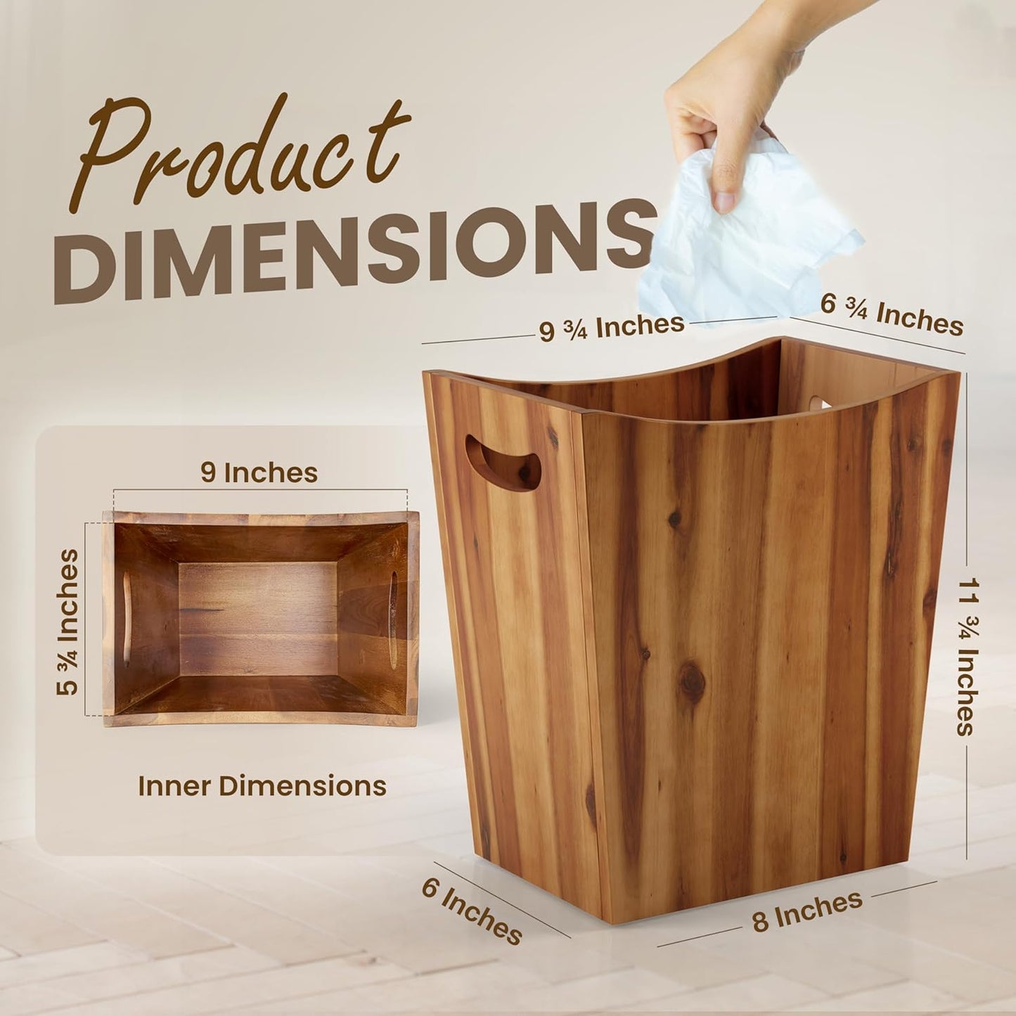 2 Gallon Acacia Wooden Bin, Wastebasket – Small Trash Can, Decorative Bathroom Trash Can, Waste Basket for Bedroom, Office Garbage Can, Wood Bathroom Accessories, Boho Bedroom Decor