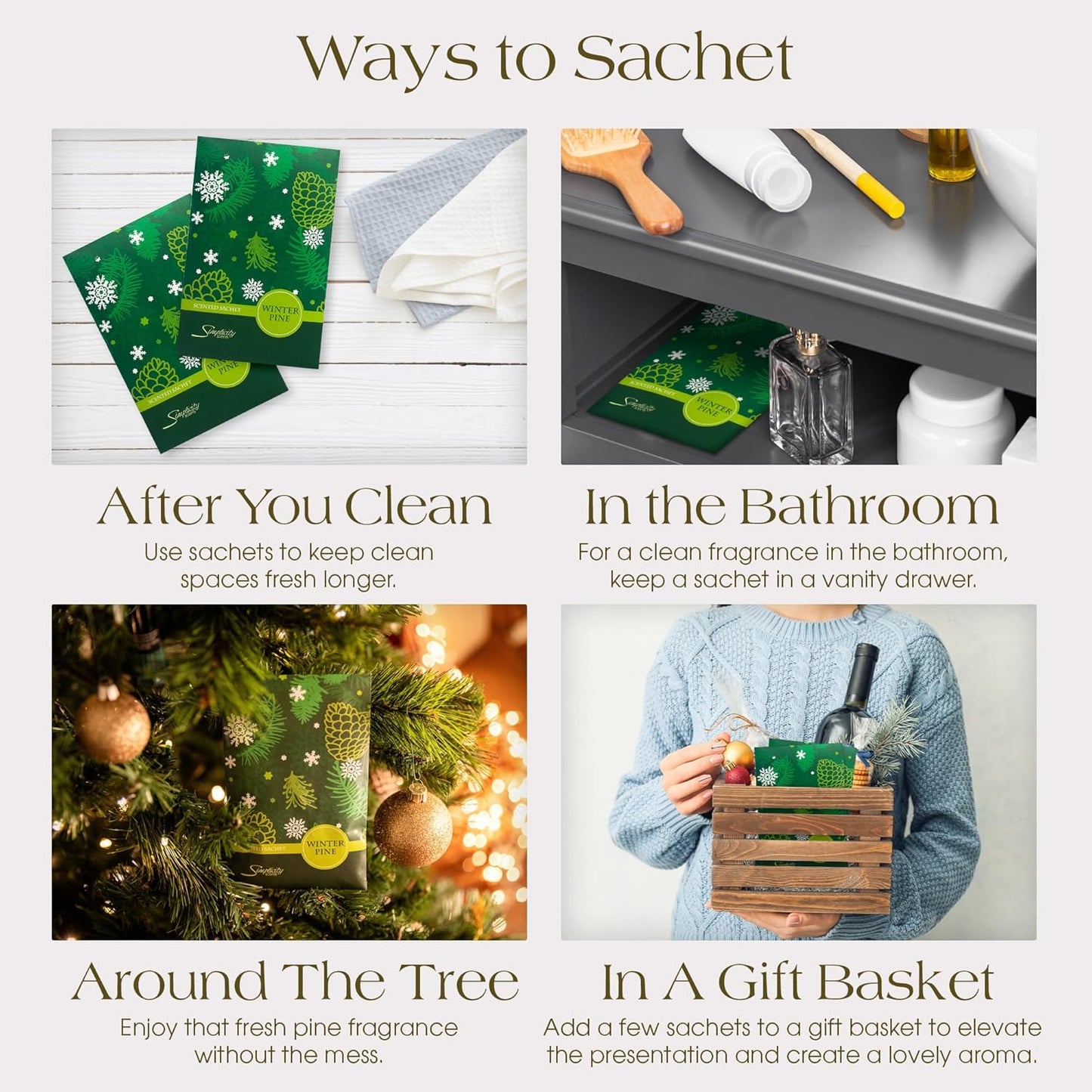 Simplicity Scents Winter Pine Scented Sachets Pack of 6, Fall & Winter - Long-Lasting Scented Bags, Home Fragrance, Air Freshener & Deodorizer for Closet, Room, Drawer, or Cars, Made in USA