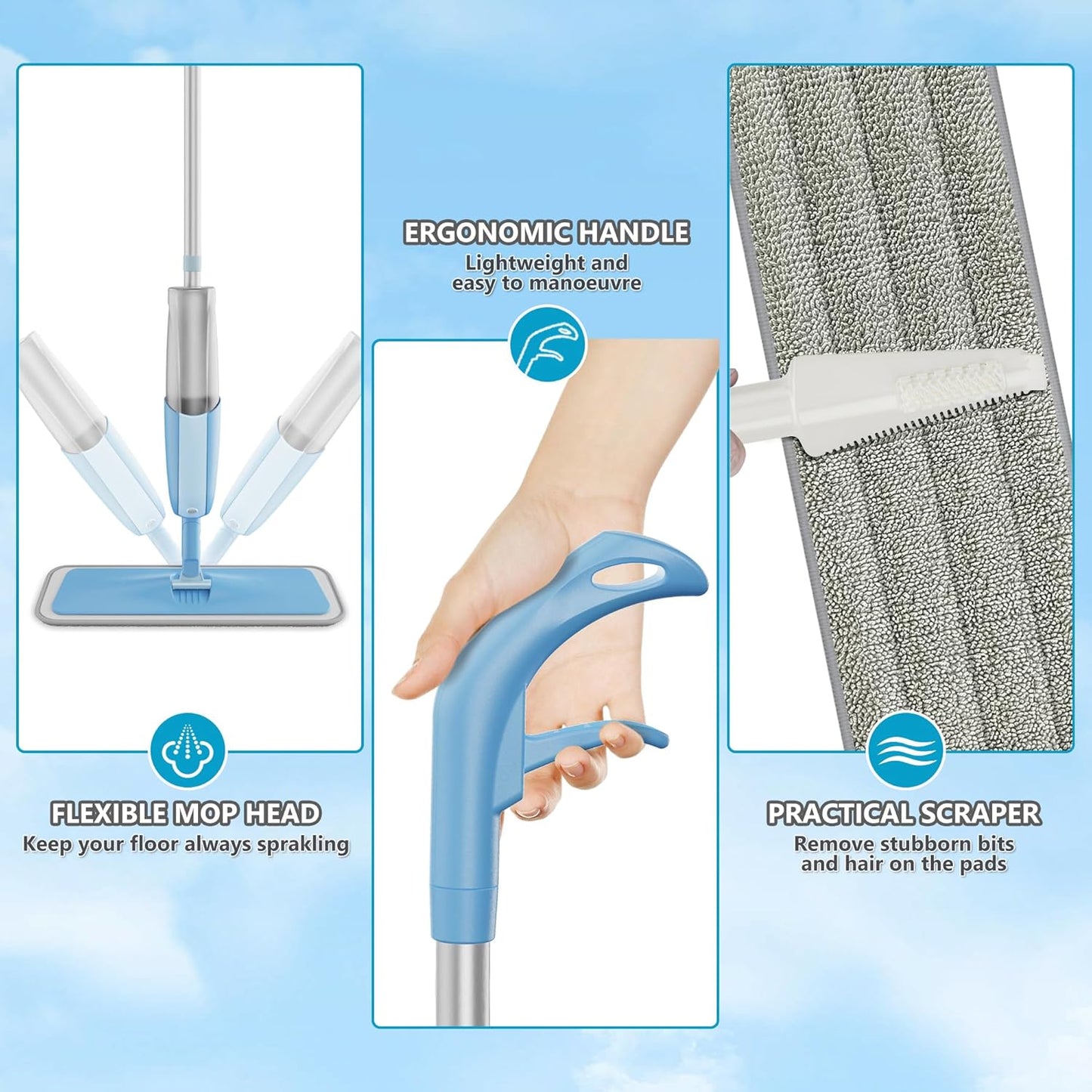 Spray Wet Mops for Hardwood Floors- MEXERRIS Microfiber Dust Dry Mop with 3 Microfiber Washable Pads Hard Wood Floor Mop with Sprayer Commercial Home Use for Wood Floor Laminate Ceramic Tiles