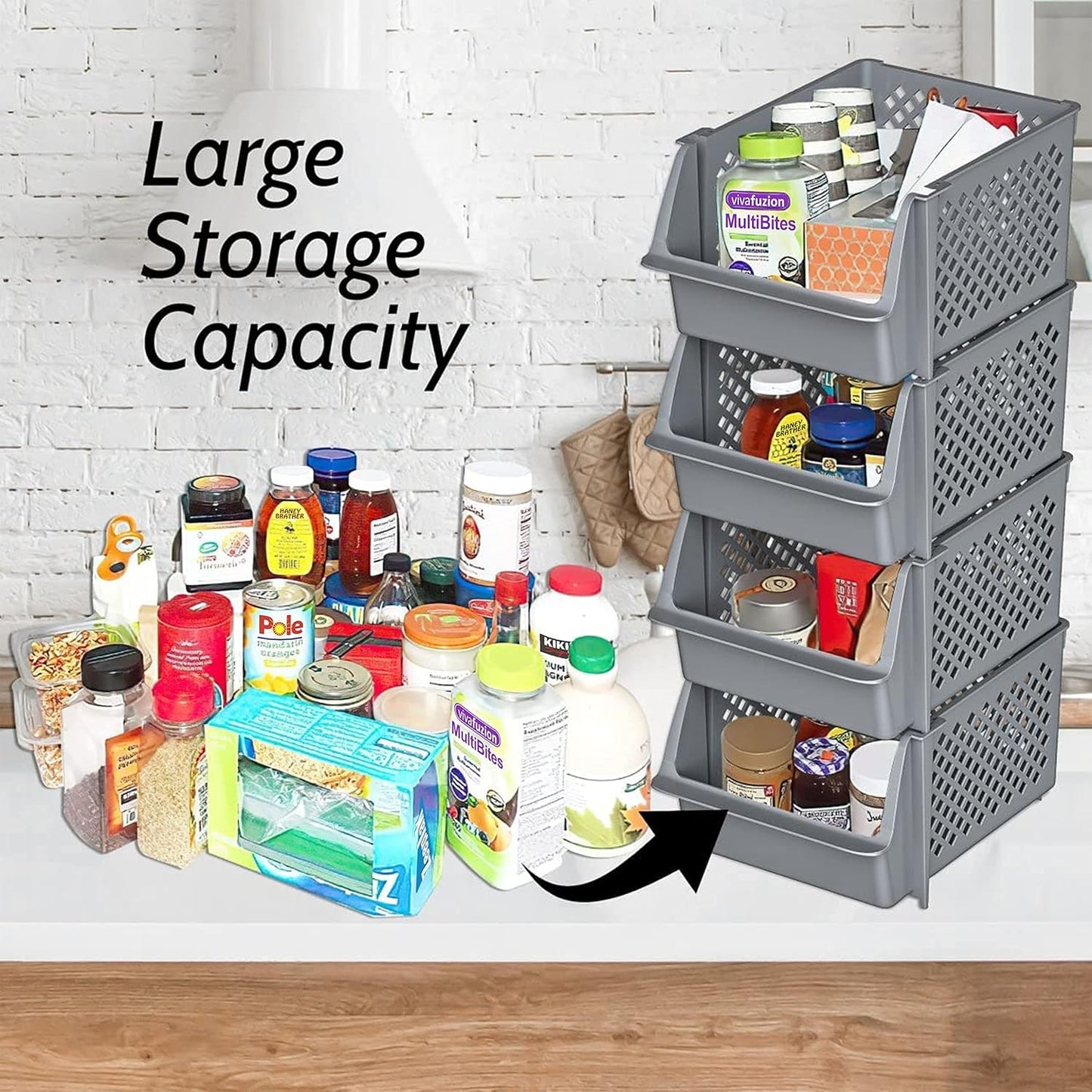 TidyFriend Plastic Stackable Bins for Pantry, 8 Pack Large Stacking Bins Open Front Kitchen, and Bathroom Organization, Open Front Design (Grey)