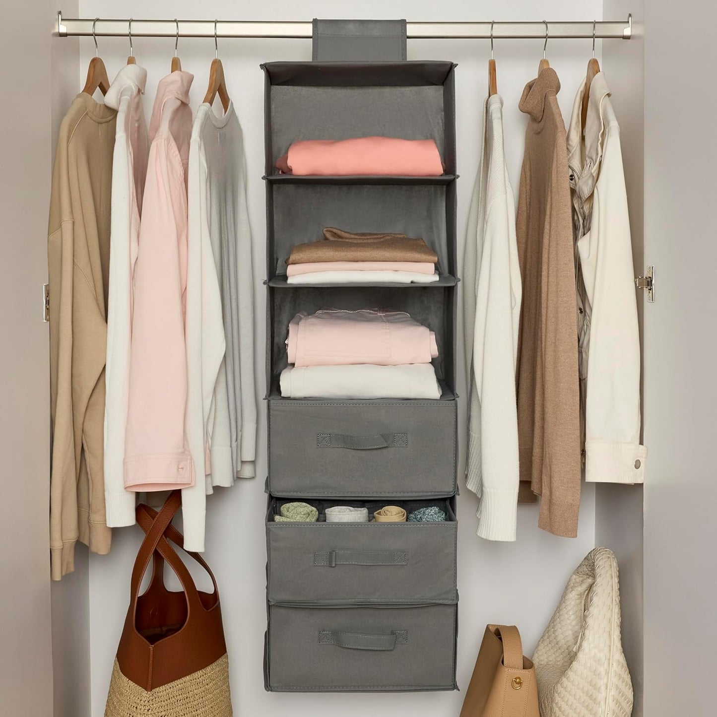 Amazon Basics 6-Tier Hanging Shelf Closet Storage Organizer with Removable Drawers, Grey, 6.9"D x 13.6"W x 12.2"H