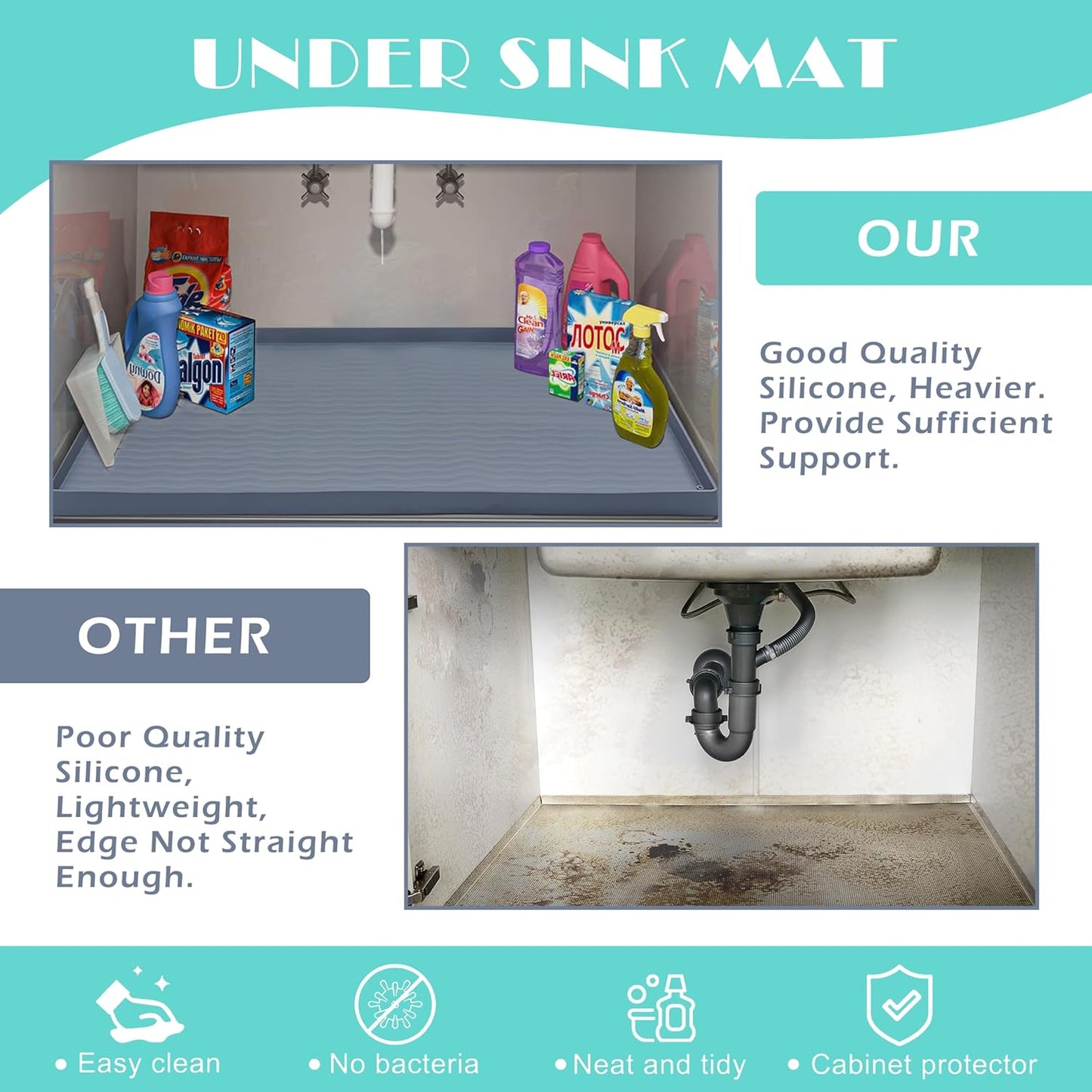 URMONA Waterproof Silicone Under Sink Mat 34'' x 19'' Shelf Liner for Kitchen and Bathroom, Cabinet and Counter Protector, Storage and Organizers, Litter Mat, Pet Cat Puppy Essentials(Cream)