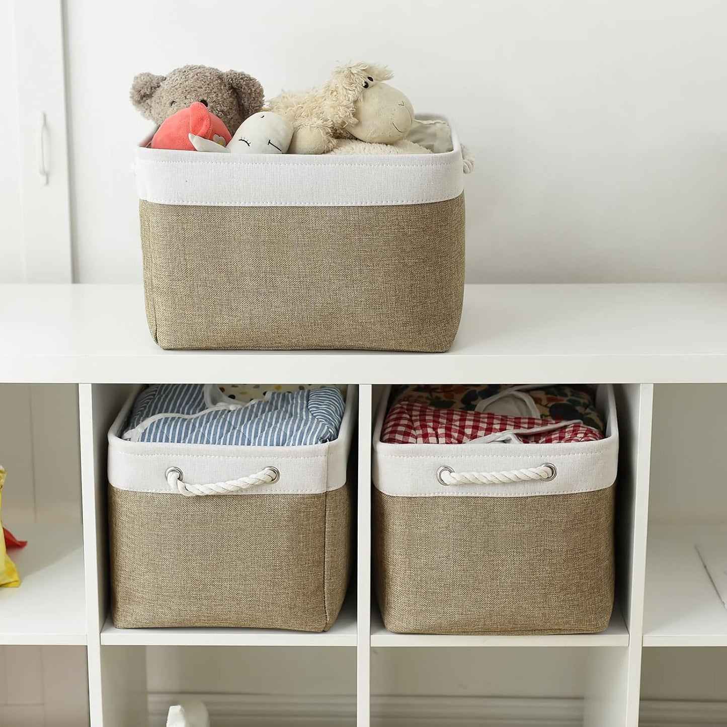 TheWarmHome Organization and Storage Basket for Gifts Empty - 16x12x12 inch Cube Storage bin 3 Pack Fabric Storage Cubes, Collapsible Baskets for Organizer Closet Cloth Gift Toy (White & Khaki)