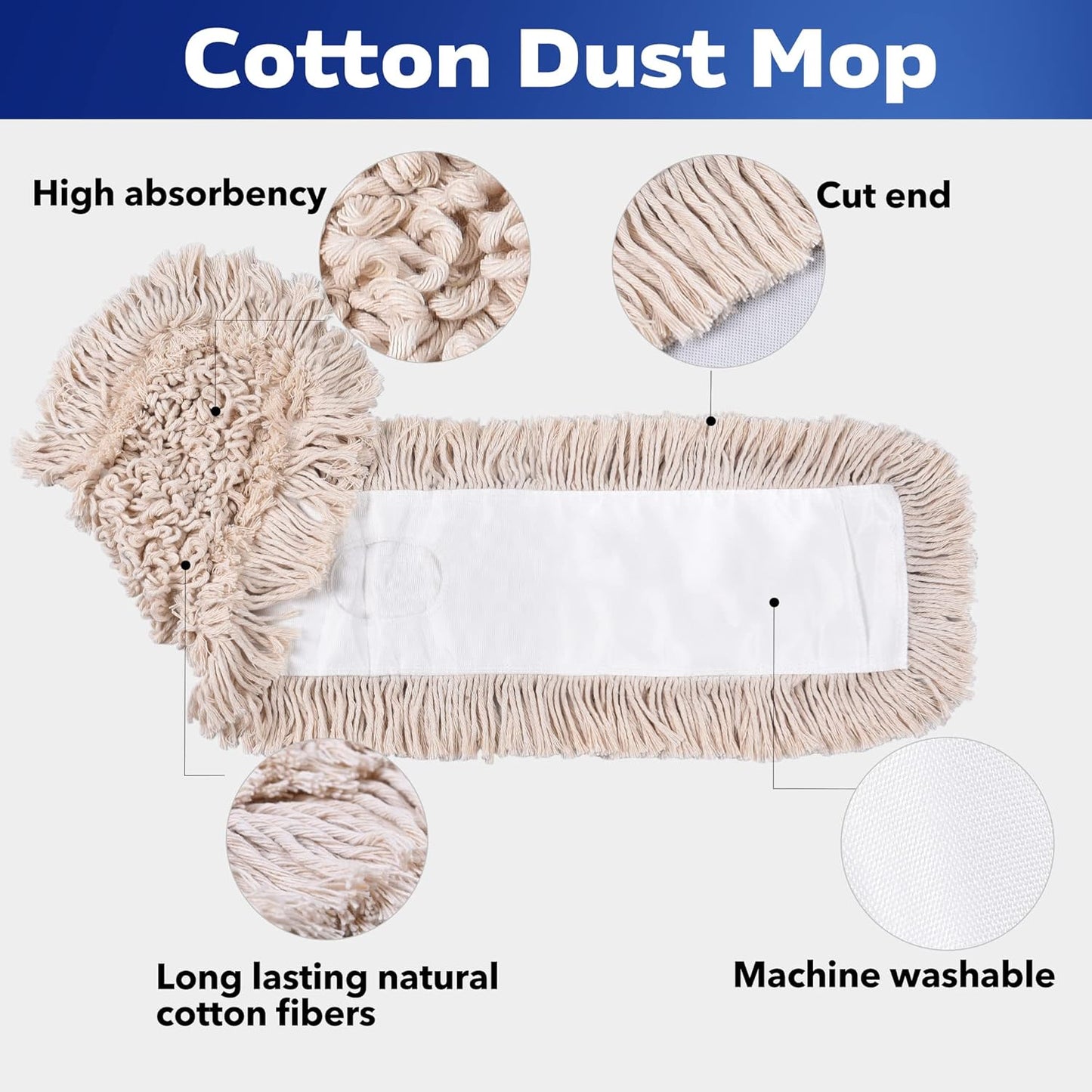 Matthew Cleaning 24'' Cotton Dust Mop Refill Washable Thick Tufted Replacement Heads for Residential & Commercial Use Fit All 24'' Dust Mop Frames, Hardwood, Laminate, Concrete Floors 3 Pack