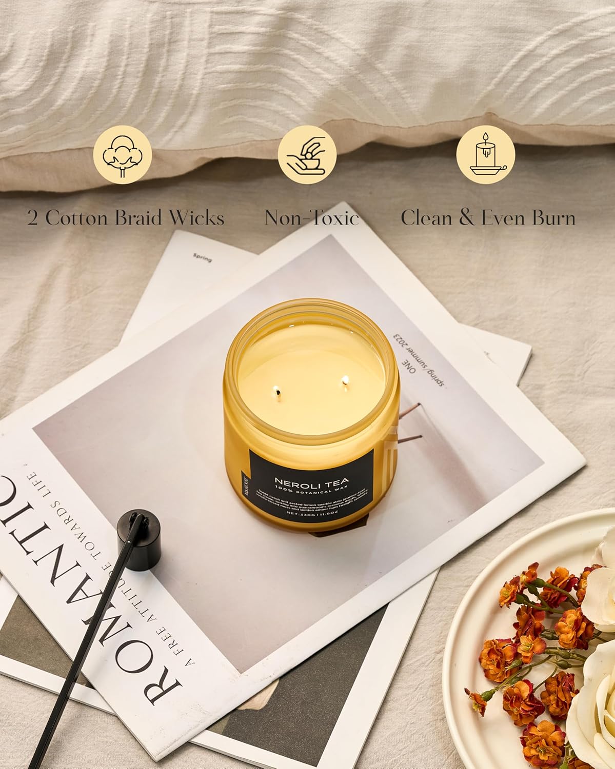 M&SENSE Neroli Tea Scented Candle - 11.6oz Natural Soy Wax Non Toxic 70-Hour Burn, 2-Wick Citrus Scent Candle for Stress Relief & Relaxation - Slow-Burning Home Fragrance Gift for Holiday