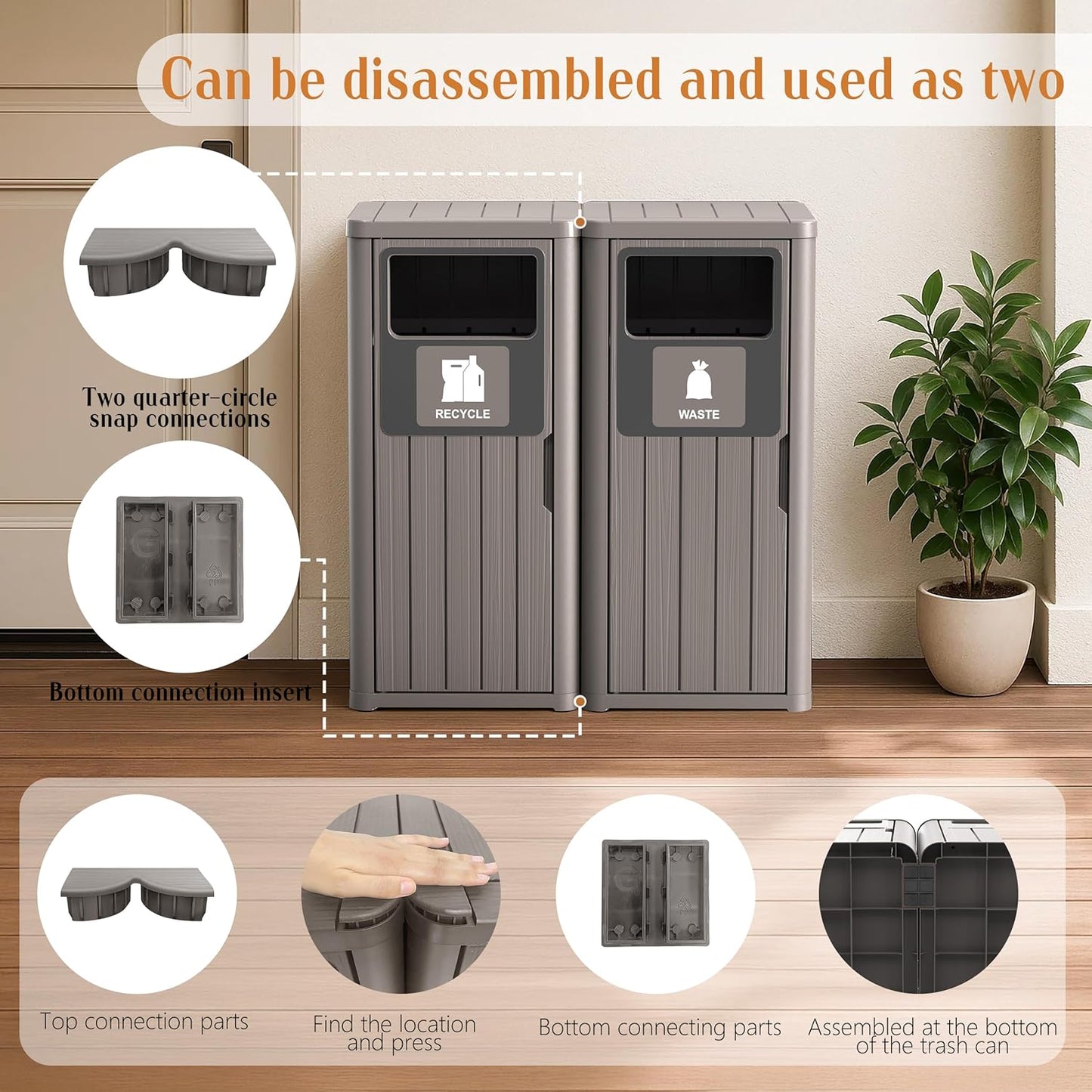 ROJIK 35" Tall Outdoor Trash Can,Weatherproof Resin Garbage Indoor Durable Lightweight,Suitable for Patio Office Kitchen,Easy to Clean,Assemble(Waste&Recycle,Grey)
