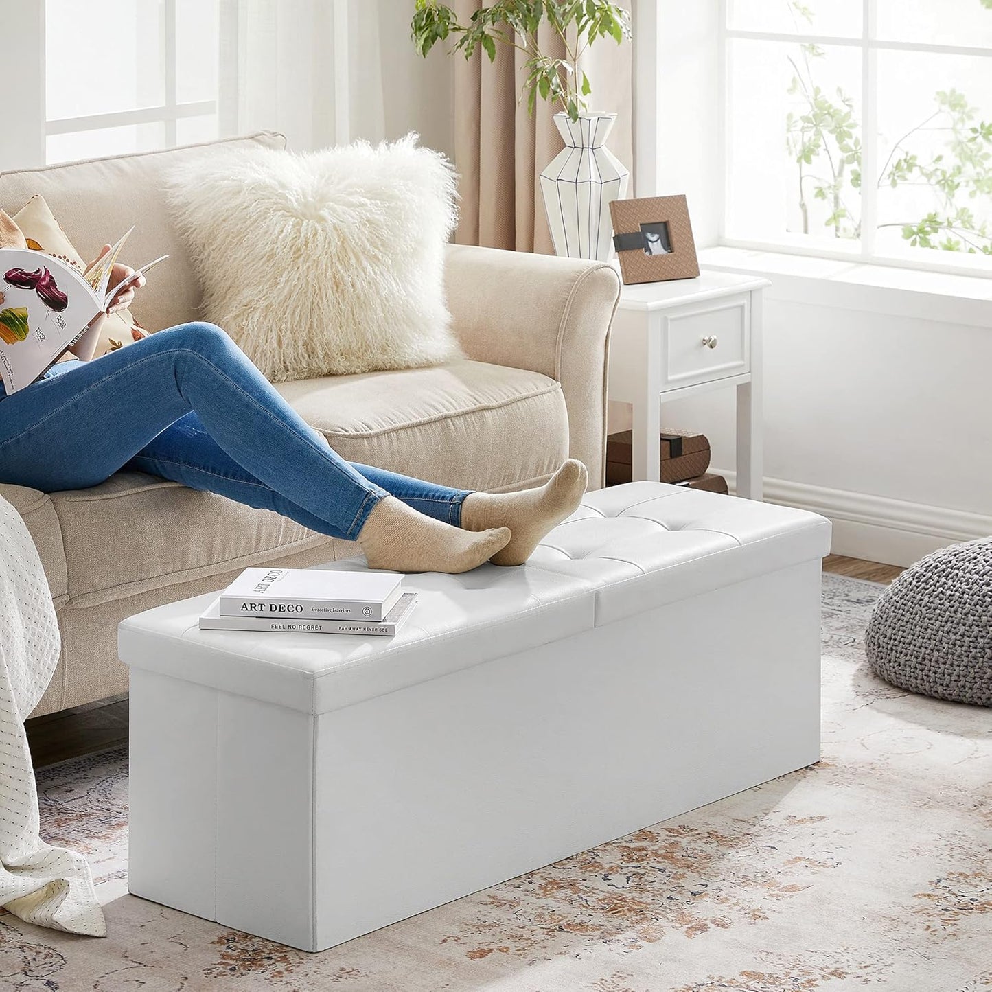 SONGMICS MAZIE Collection - 43 Inches Storage Ottoman Bench with Flipping Lid, Storage Chest with Iron Frame Support, Load 660 lb, for Living Room, Bedroom, Synthetic Leather, White ULSF75WT