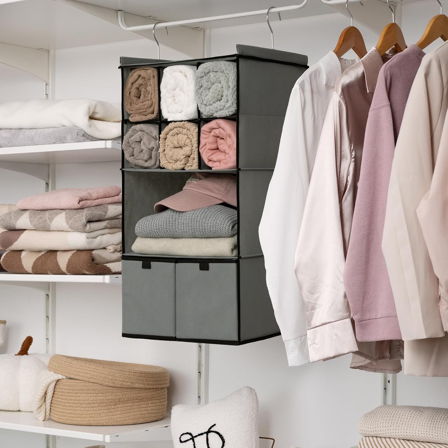 GRANNY SAYS Hanging Closet Organizer with Drawers, 4 Shelf Dividers Closet Hanging Organizer, Foldable Hanging Shelves for Wardrobe Closet, Small Closet Organizers for Clothes Shoes, Grey