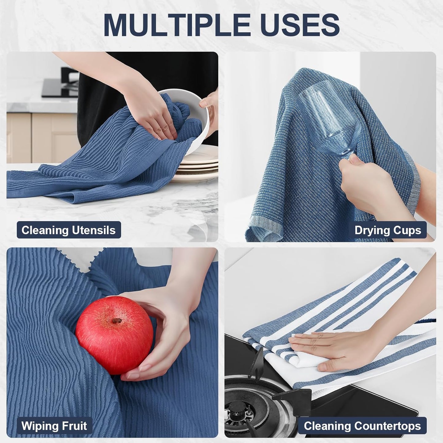 Homaxy Premium Kitchen Towels(18”x 28”, 3 Pack), Large Cotton 380 GSM Kitchen Hand Towels, Soft and Absorbent Terry Dish Towels, Multipurpose Tea Towel Set with Hanging Loop, Navy Blue