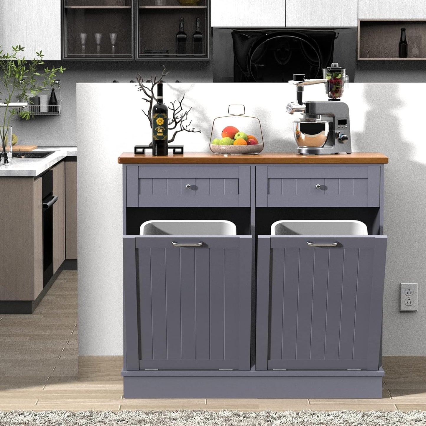 Betterhood Tilt Out Trash Cabinet 10 Gallon Wooden Free Standing Laundry Sorter Cabinet,Recycling Cabinet with Hideaway Drawer,Tilt Out Trash Cabinet Can Bin Kitchen