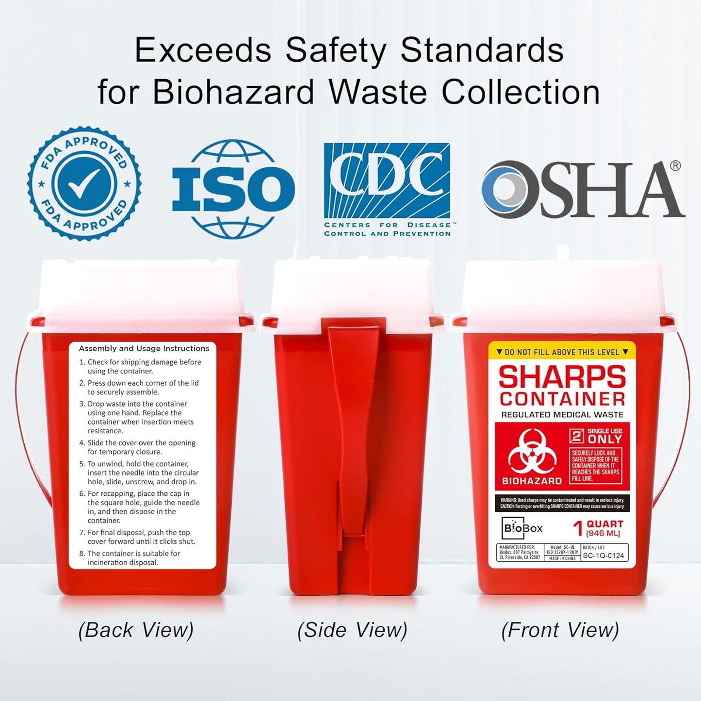 Sharps Container Large - Sharps Containers for Home Use and Labs - Portable Needle Disposal and Travel Size Biohazard Bin - 1 Quart (Pack of 3)