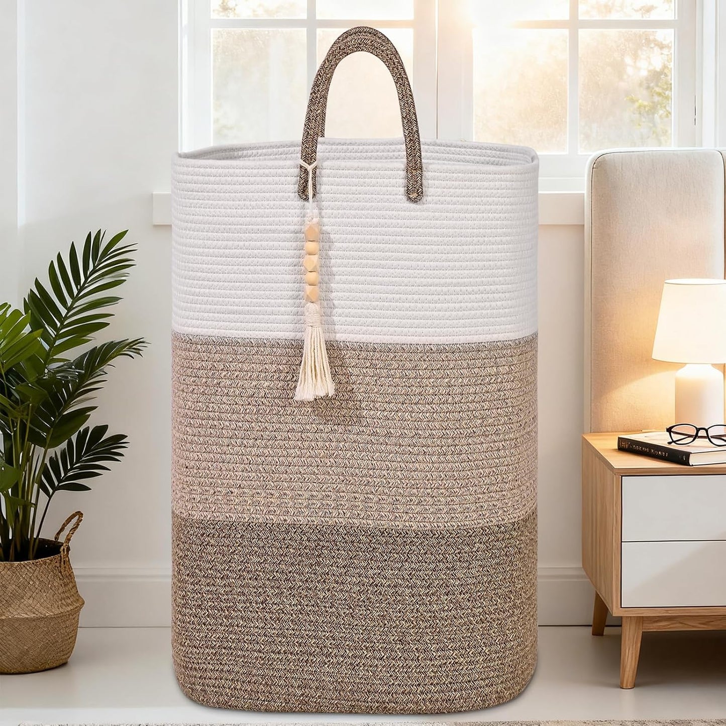 Woven Laundry Basket for Clothes,65 L Large Rectangle Laundry Hampers with Beads Tassel, Nursery Storage Basket for Toys, Tall Dirty Clothes Hamper for Bedroom Aesthetic, Laundry Room Organization