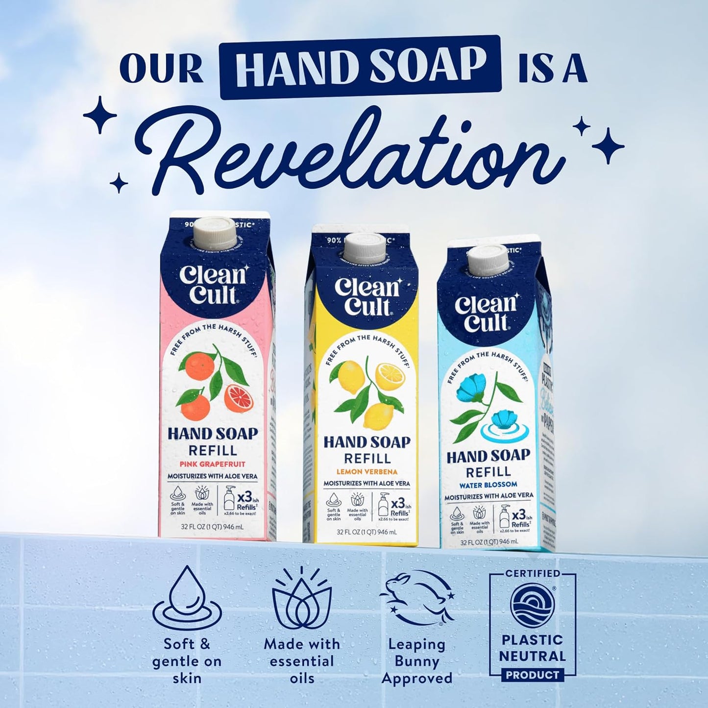 Cleancult - Liquid Hand Soap Refills - Sea Minerals - Gentle On Sensitive Skin - Made with Aloe Vera & Essential Oils - Eco Friendly - Paper-Based Packaging - 32 oz/2 Pack
