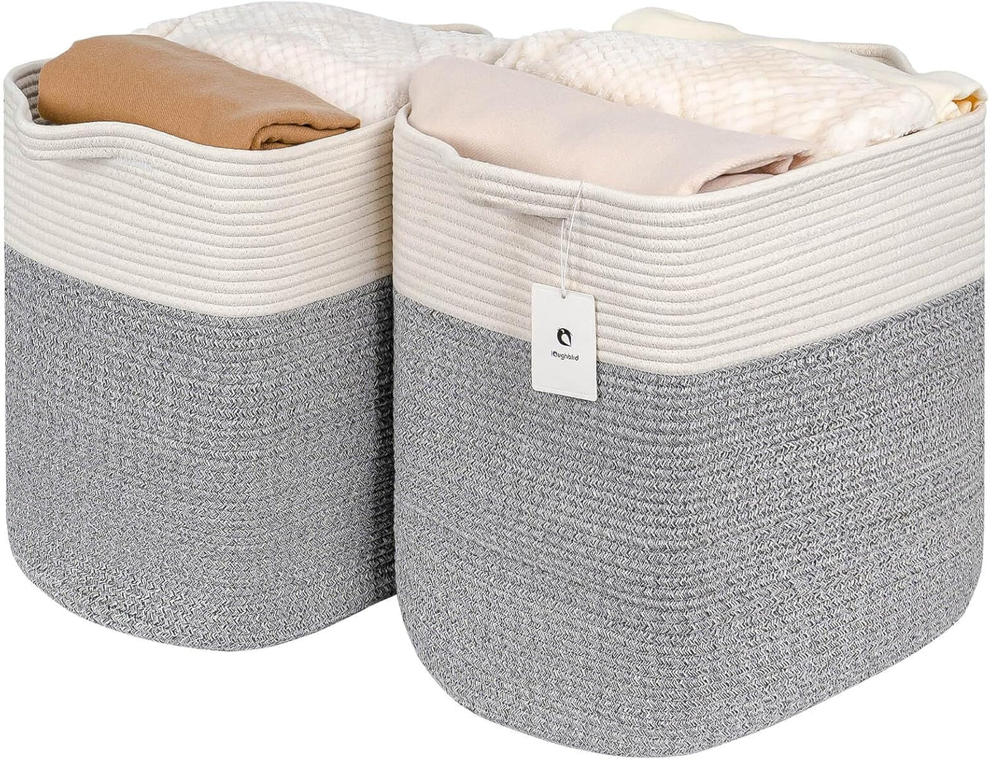 Storage Baskets for Clothes Fabric Cotton Rope Storage Basket with Handles, Decorative Woven Basket for Living Room,Closet Organizer Blankets, and 2bags (Silver Gray, L17.8×W12.5×H17.9)
