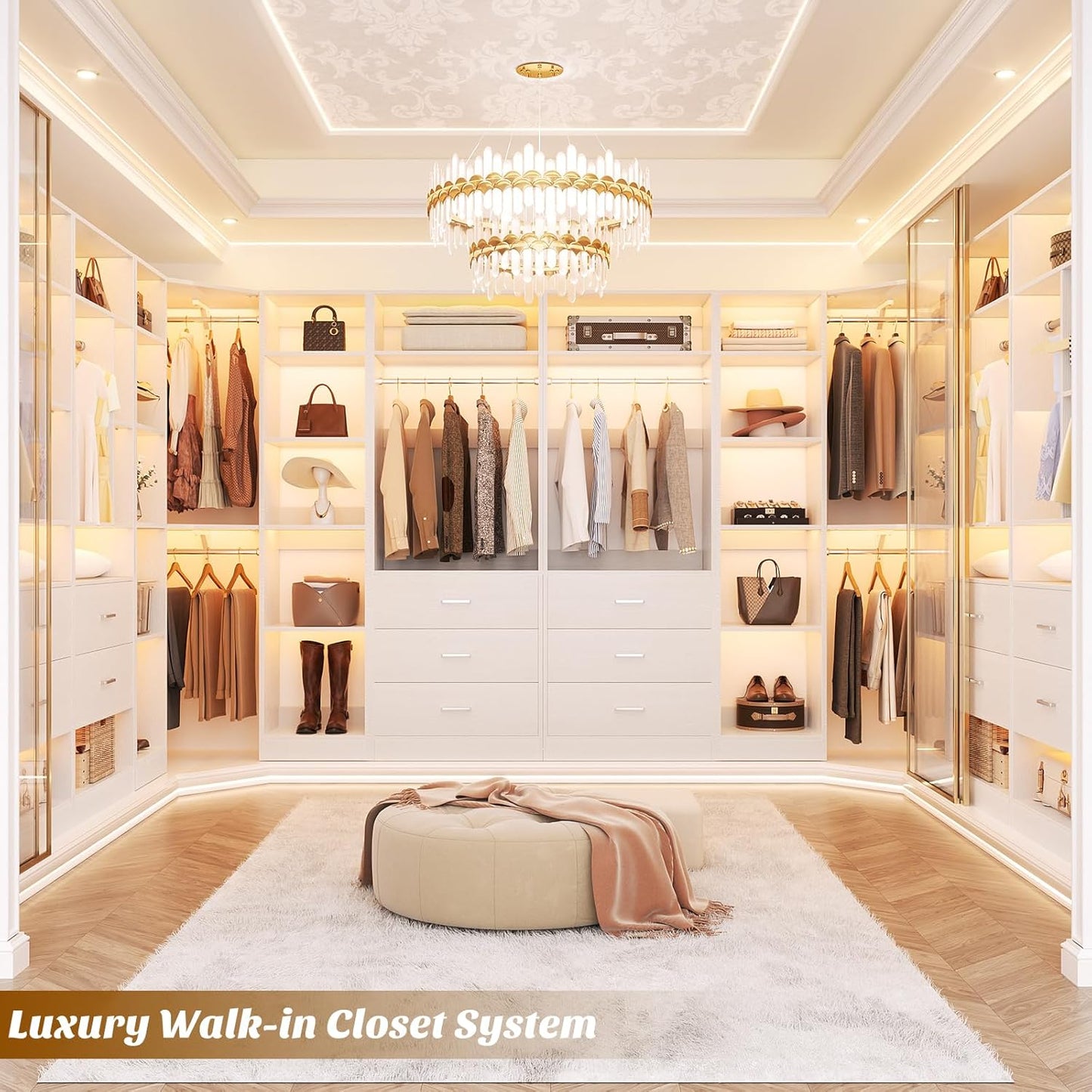 Corner Closet System with 3 Drawers, Corner Closet Organizer System with 13 Shelves & 3 Hanging Rods, 63.2"L * 39.2"W Reversible L Shaped Walk-in Closets, Load 2000+LBS, White