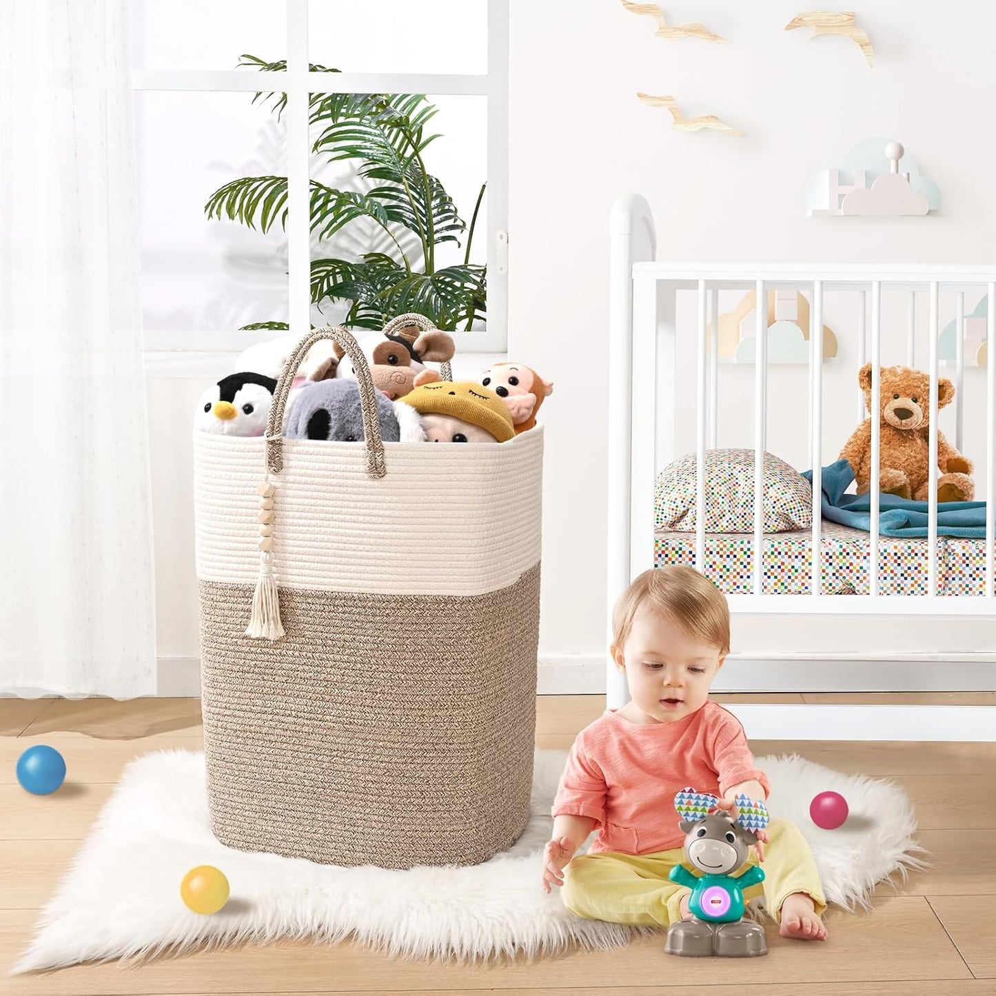 Woven Laundry Basket for Clothes, 50L Large Rectangle Laundry Hampers with Beads Tassel, Nursery Storage Basket for Toys, Tall Dirty Clothes Hamper for Bedroom Aesthetic, Laundry Room Organization