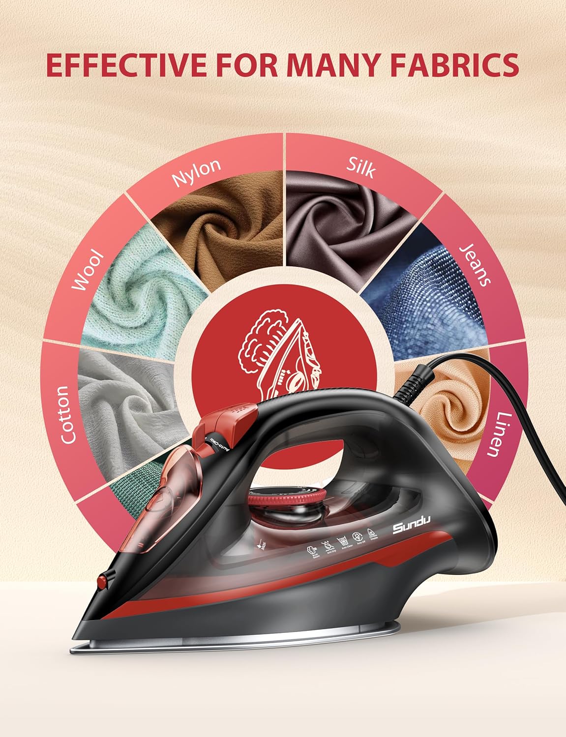 Burst steam Iron for Clothes, Automatic Shutoff, Light Weight, 1500W Iron with Non-Stick Ceramic Soleplate, 3-Way Auto-Off, Rapid Heating, Self-Cleaning, 15.21oz Water Tank Ironing Clothes for Home