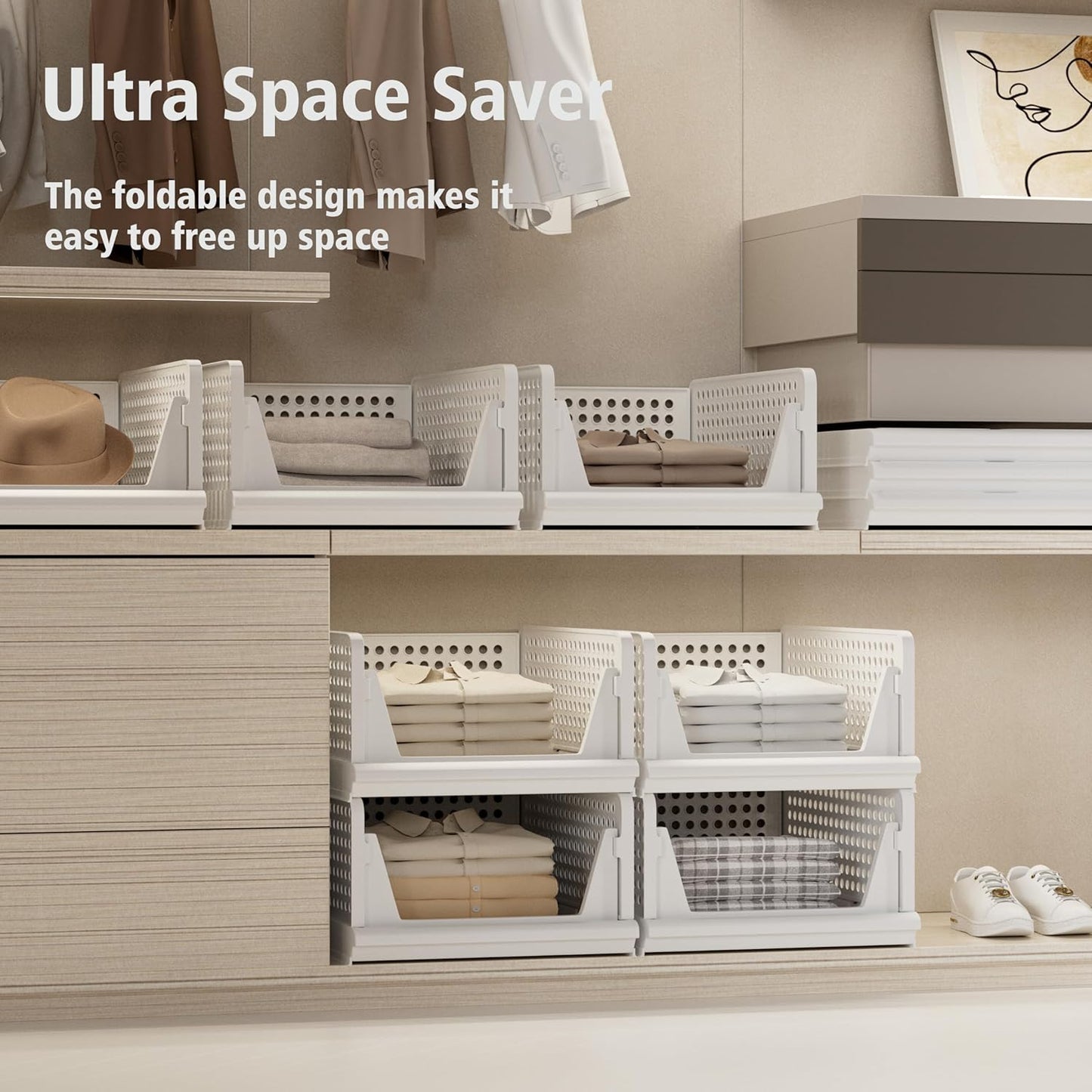Proarea 5 Pack Stackable Plastic Storage Basket Closet Organizer Bin Foldable Clothes Organizer Storage Drawer Shelf Container for Living Room Bathroom Kitchen Office (5L)