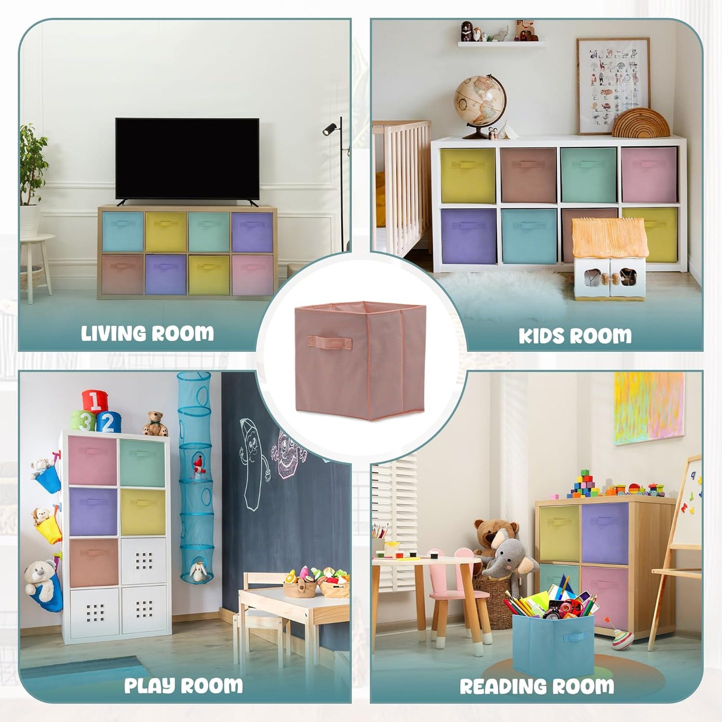4E's Novelty 6 Pack 11 Inch Pastel Color Storage Foldable Cube Bins, Colorful Storage Baskets For Nursery, Kids Room, Fabric Baskets For Toys, Clothes, Classroom Organization and Storage