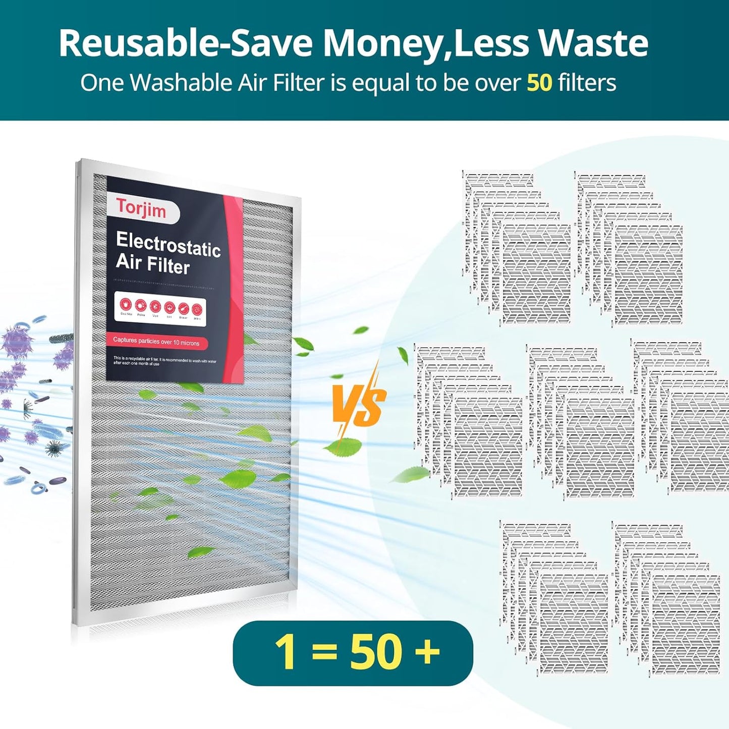 Torjim 16x25x1 MERV8 Washable & Reusable Electrostatic Air Filter - AC/HVAC Furnace Filter, Permanent, Easy Install