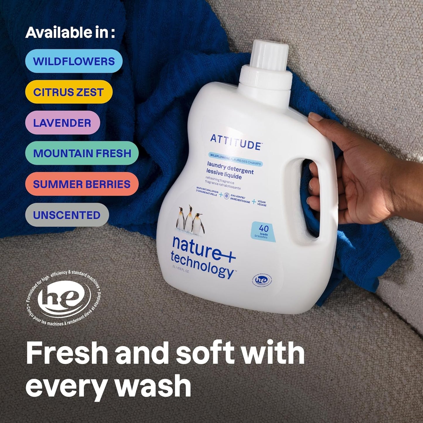 ATTITUDE Liquid Laundry Detergent, EWG Verified, HE Compatible, Plant-Based & Vegan, Natural Laundry Soap, Wildflowers Scent, 40 Loads, 67.6 Fl Oz