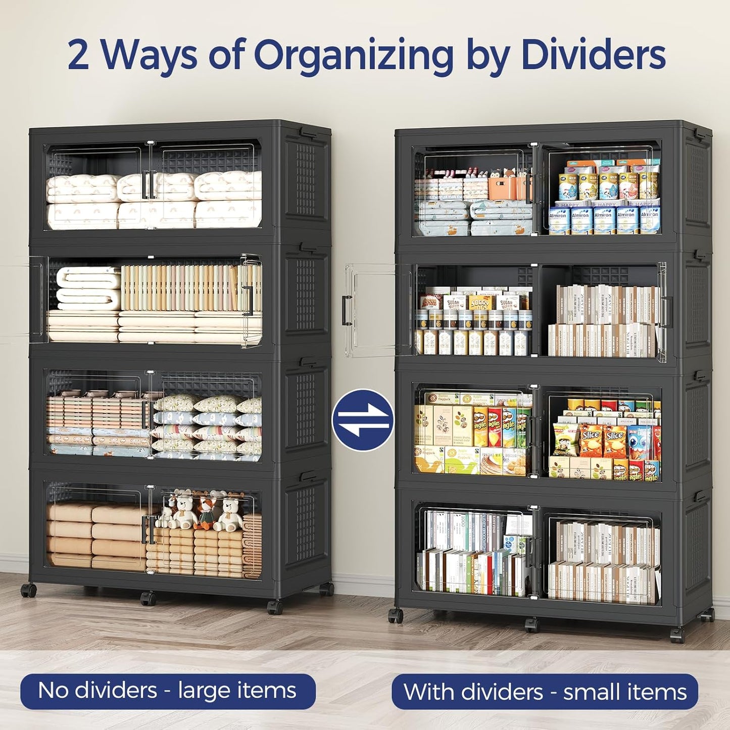 200GAL Storage Bins with Lid and Wheels, Stackable Closet Organizers and Storage Drawer, Collapsible Storage Box with Dividers, Foldable Plastic Cabinets Cubes Totes for Garage, 5 Pack Black