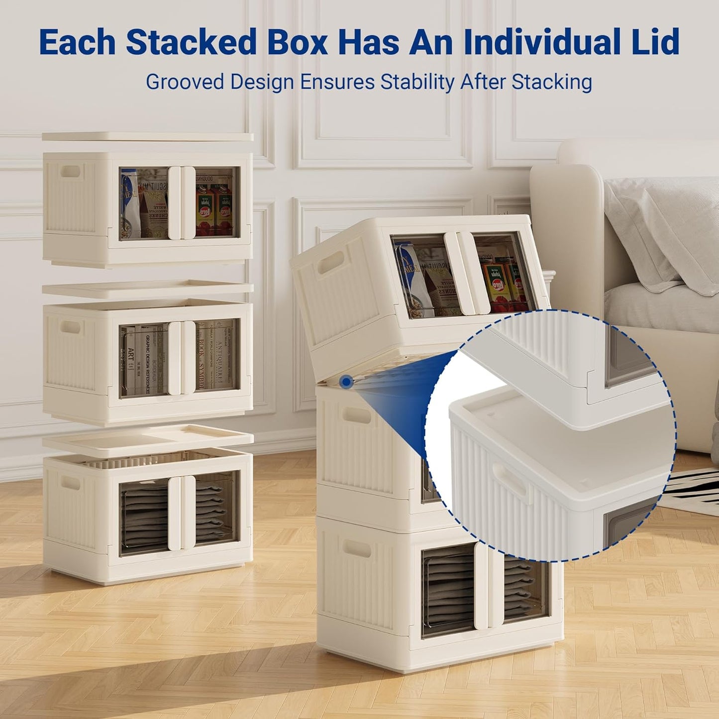 FLEXIMOUNTS 110 QT Stackable Storage Bins With Lids, Collapsible Plastic Storage Bins With Doors and Built-in Wheels For Home Dorm Closet Organizers and Storage, 3 Pack Cubes, Milky White