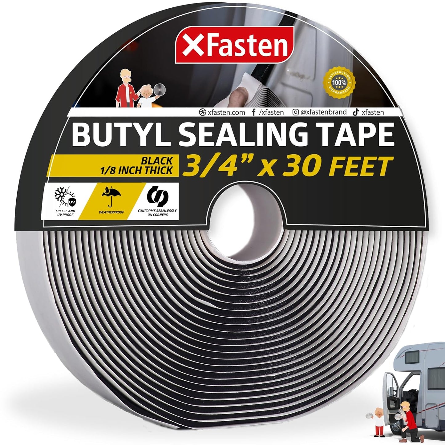 XFasten Butyl Sealing Tape, Black, 1/8-In x 3/4-In x 30-Foot Plumbers Putty, RV Sealant, Boat Sealing, EDPM Butyl Tape